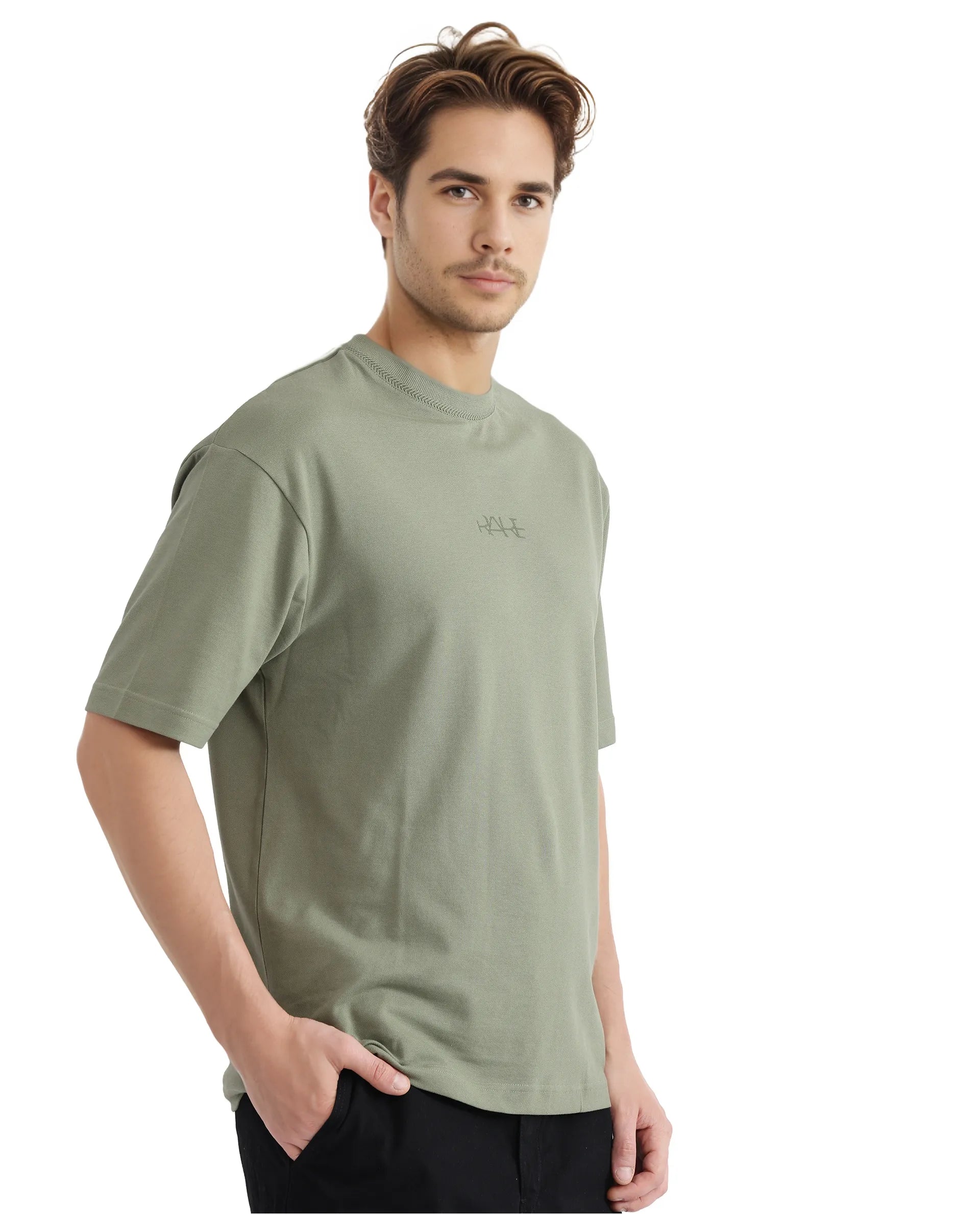 Rare Rabbit Men's Heros-2 Dusky Green Cotton Lycra Fabric Short Sleeve Crew Neck Oversized Fit Plain T-Shirt
