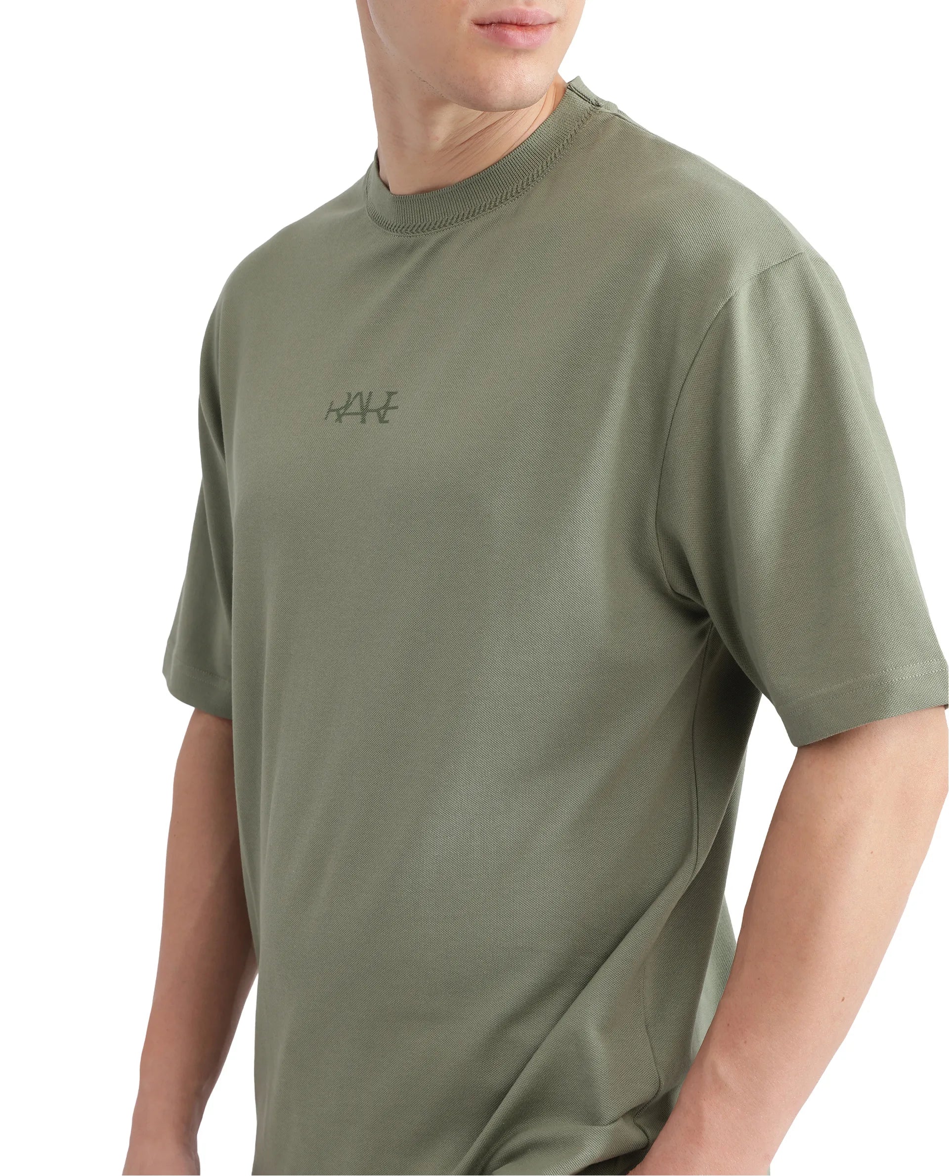 Rare Rabbit Men's Heros-2 Dusky Green Cotton Lycra Fabric Short Sleeve Crew Neck Oversized Fit Plain T-Shirt