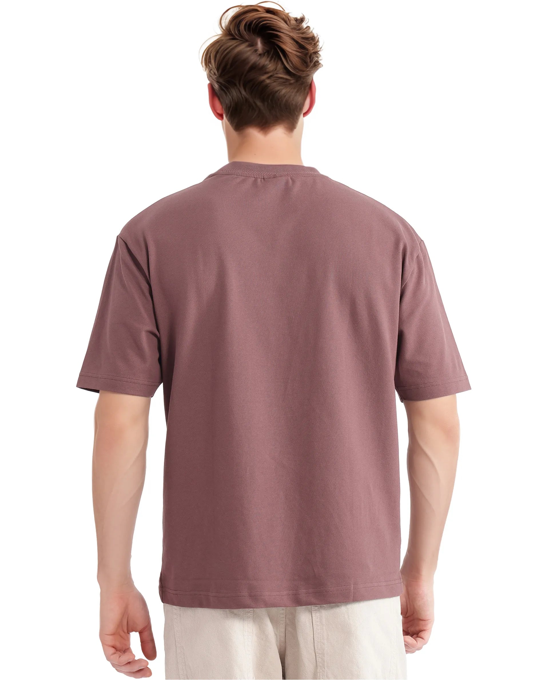 Rare Rabbit Men's Heros-2 Dusky Maroon Cotton Lycra Fabric Short Sleeve Crew Neck Oversized Fit Plain T-Shirt