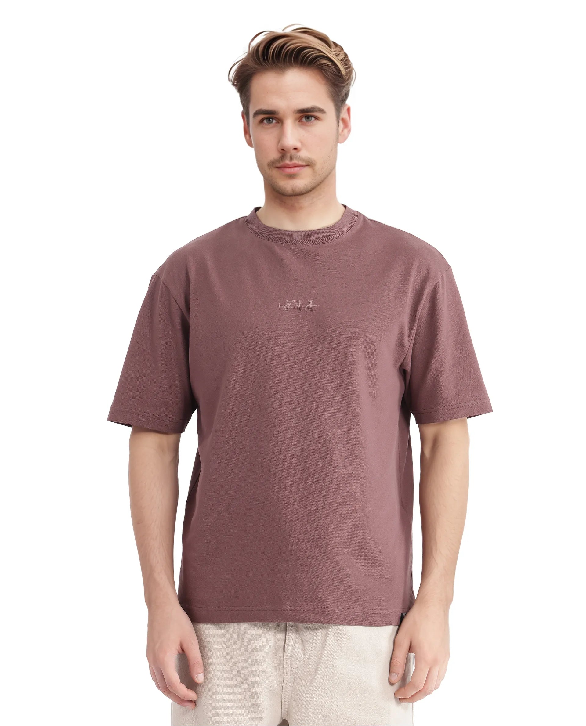 Rare Rabbit Men's Heros-2 Dusky Maroon Cotton Lycra Fabric Short Sleeve Crew Neck Oversized Fit Plain T-Shirt
