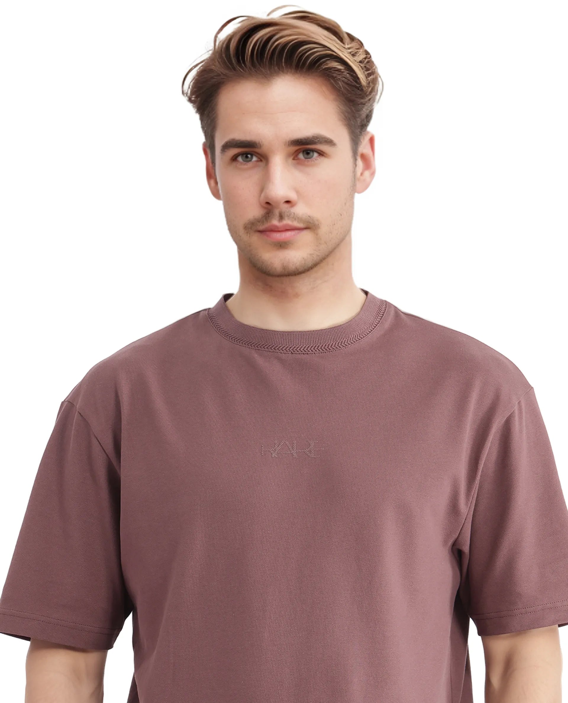 Rare Rabbit Men's Heros-2 Dusky Maroon Cotton Lycra Fabric Short Sleeve Crew Neck Oversized Fit Plain T-Shirt