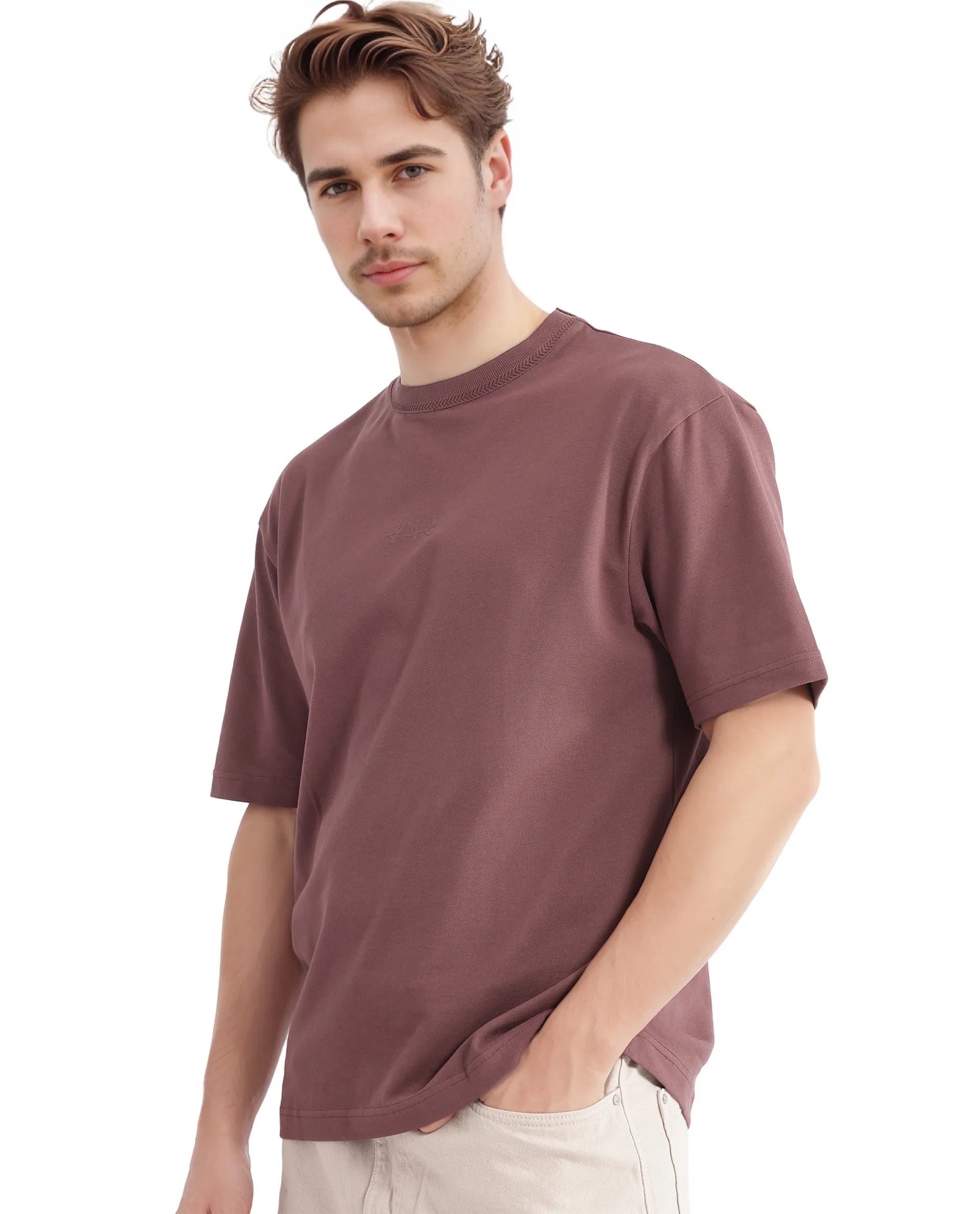 Rare Rabbit Men's Heros-2 Dusky Maroon Cotton Lycra Fabric Short Sleeve Crew Neck Oversized Fit Plain T-Shirt