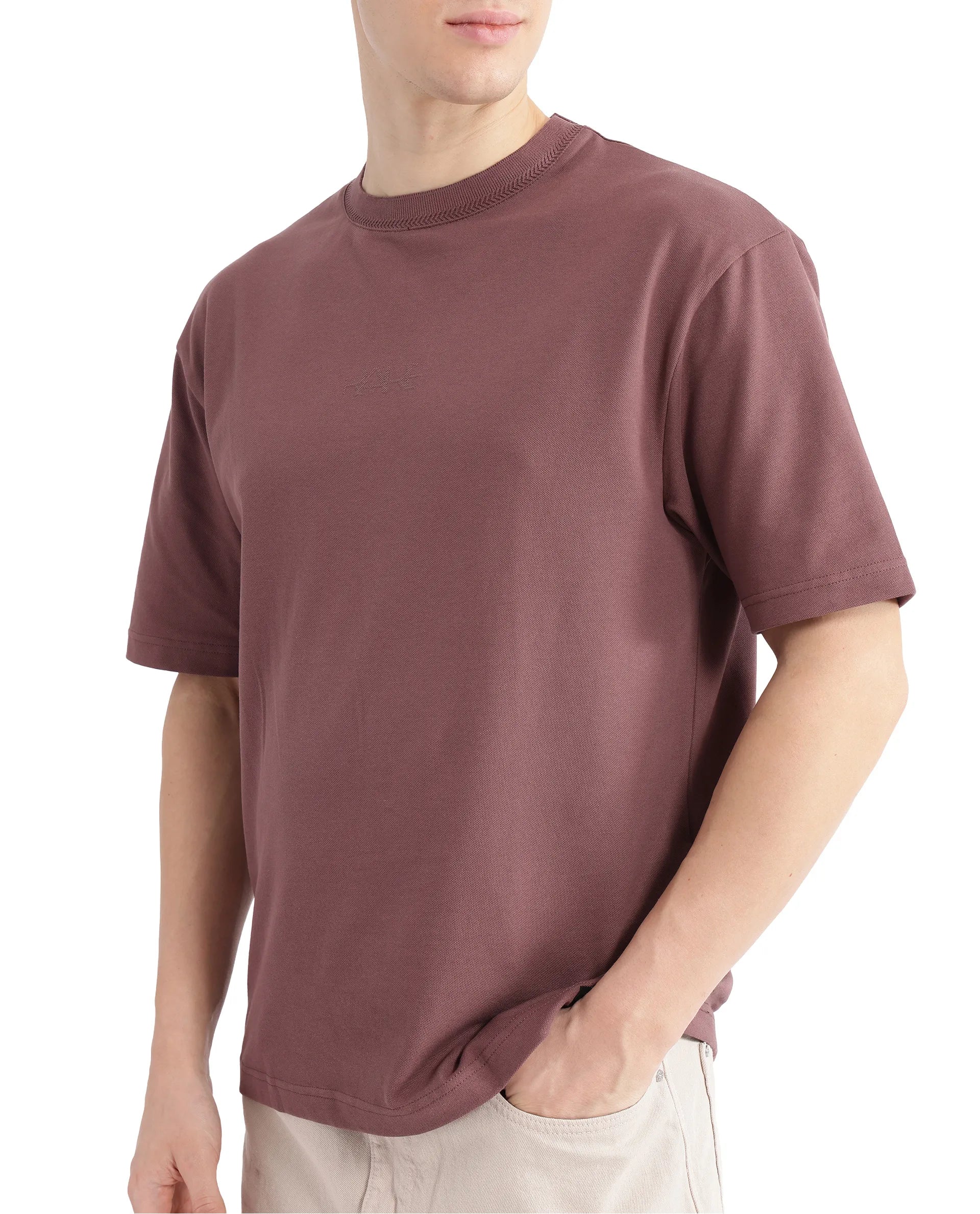Rare Rabbit Men's Heros-2 Dusky Maroon Cotton Lycra Fabric Short Sleeve Crew Neck Oversized Fit Plain T-Shirt