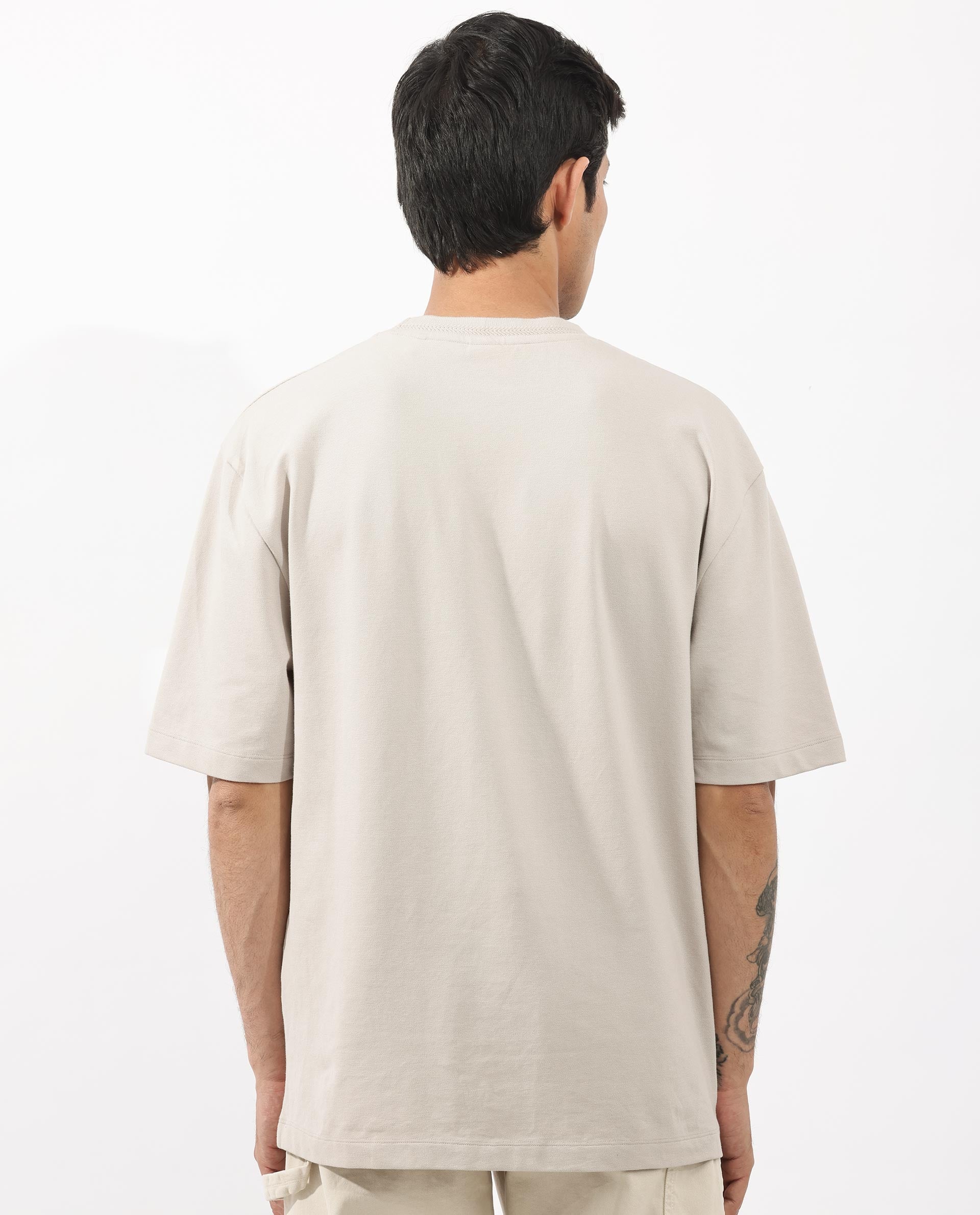 Rare Rabbit Mens Heros Beige Cotton Lycra Fabric Blend Drop Shoulder Short Sleeve Oversized Fit Solid T-Shirt