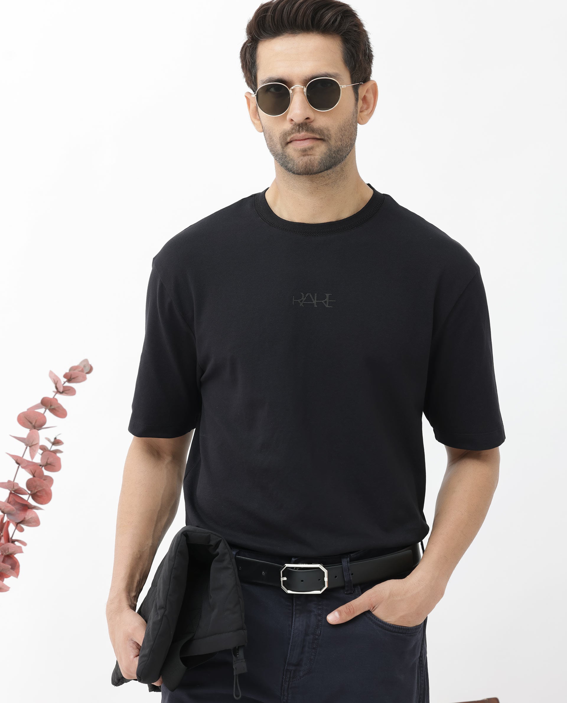 Rare Rabbit Mens Heros Black Cotton Lycra Fabric Blend Drop Shoulder Short Sleeve Oversized Fit Solid T-Shirt