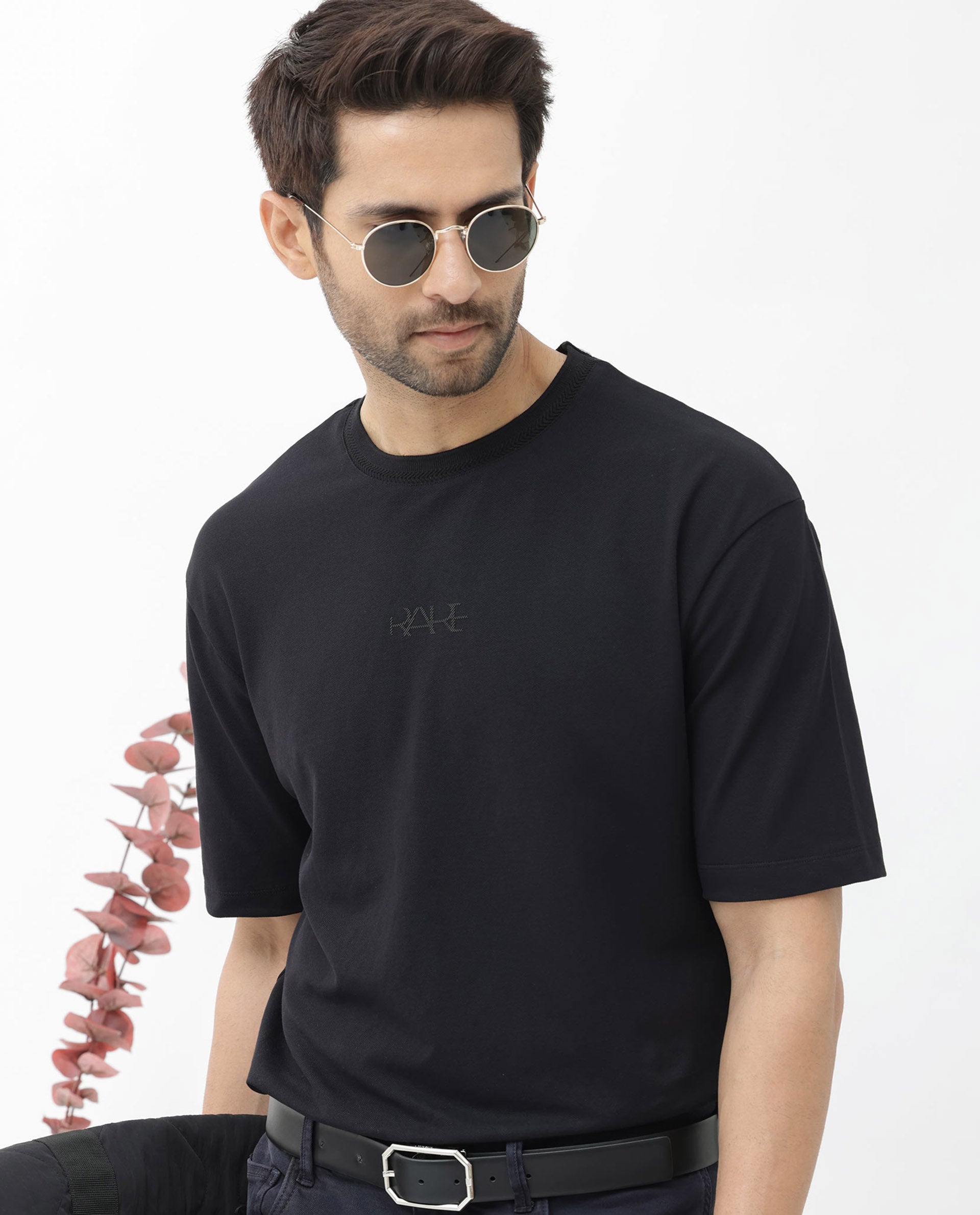 Rare Rabbit Mens Heros Black Cotton Lycra Fabric Blend Drop Shoulder Short Sleeve Oversized Fit Solid T-Shirt