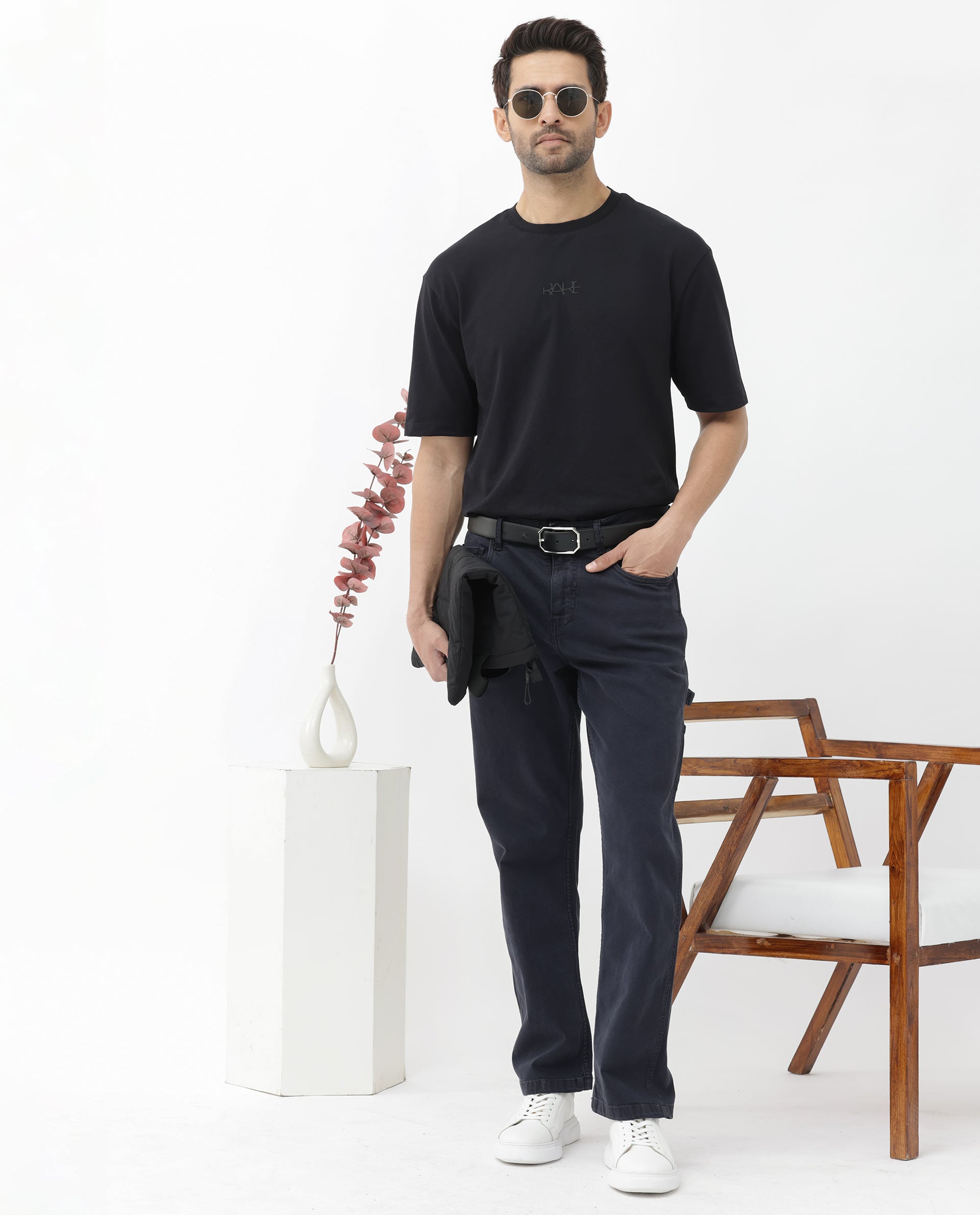 Rare Rabbit Mens Heros Black Cotton Lycra Fabric Blend Drop Shoulder Short Sleeve Oversized Fit Solid T-Shirt