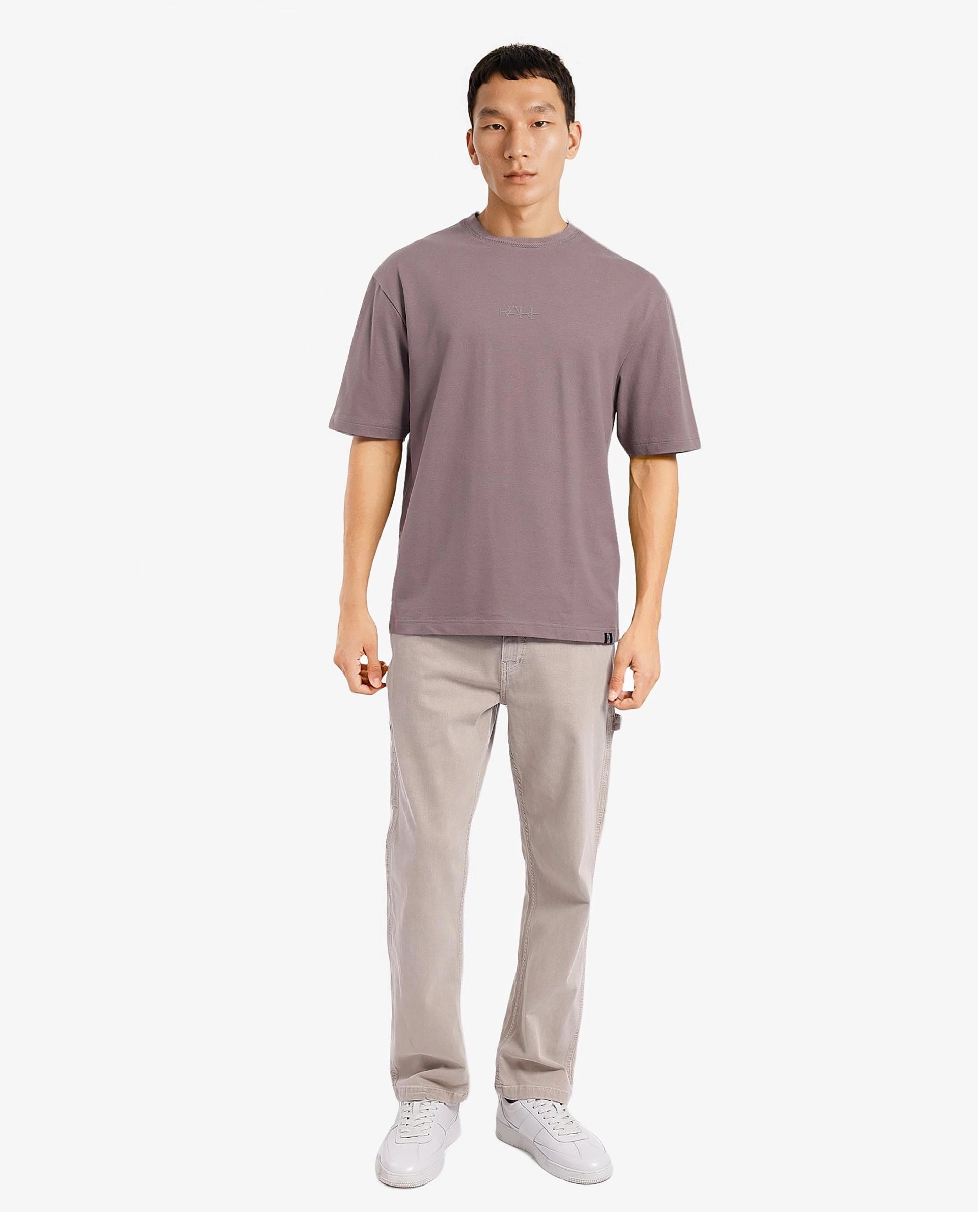 Rare Rabbit Men's Heros-1 Dusky Brown Cotton Lycra Fabric Blend Drop Shoulder Short Sleeve Oversized Fit Embroidered Logo T-Shirt