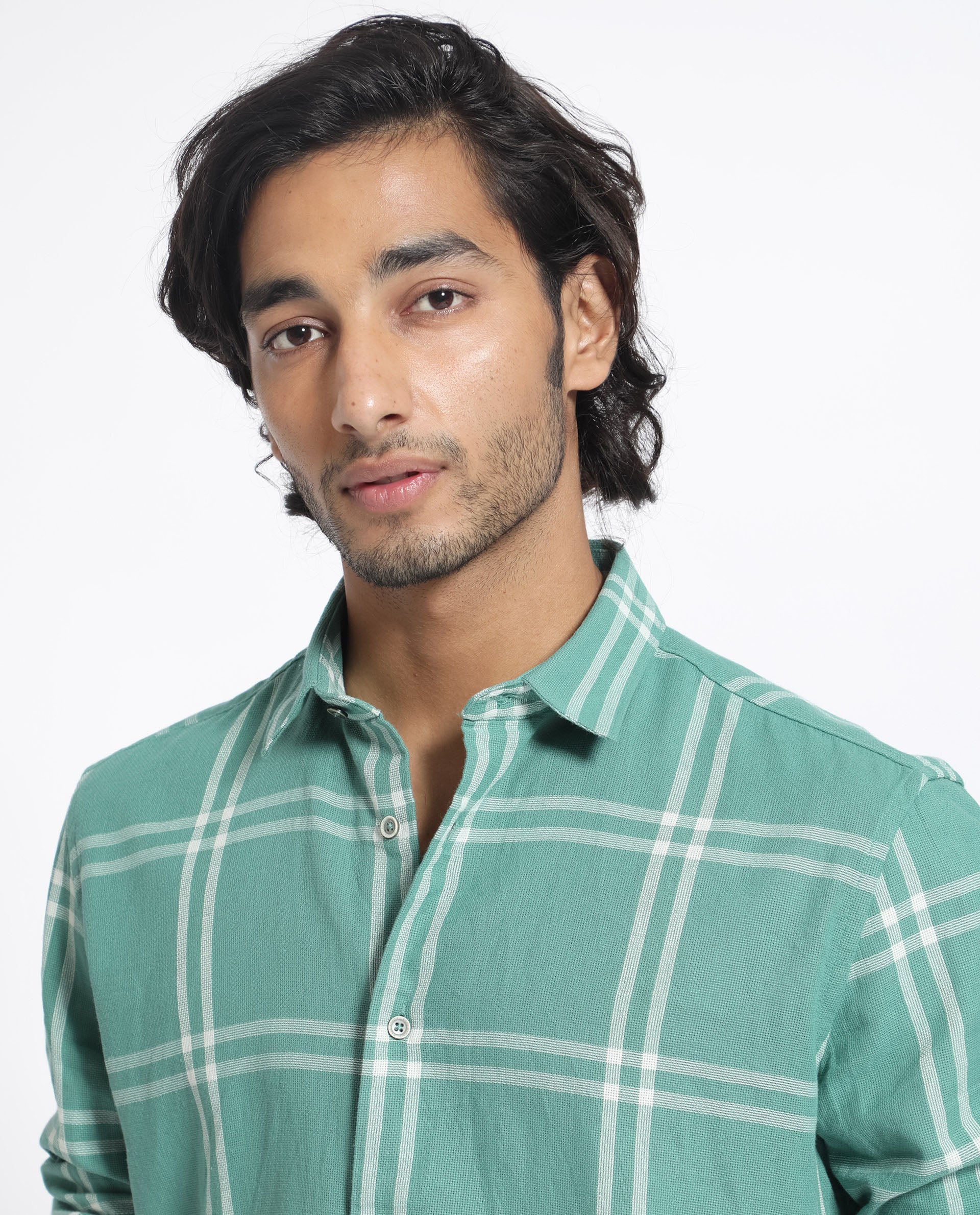 Rare Rabbit Men's Solan Green Cotton Fabric Full Sleeves Windowpane Check Shirt