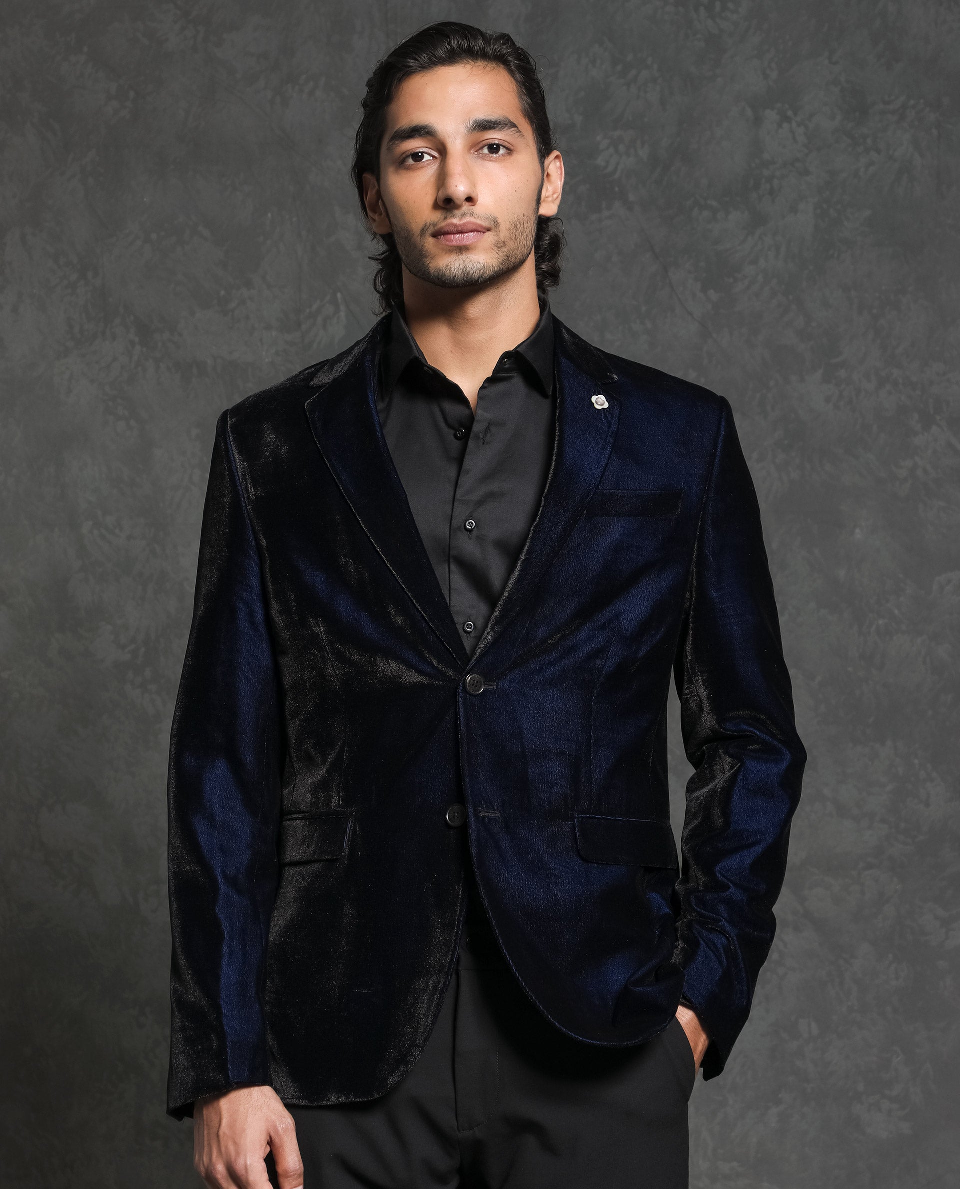 Rare Rabbit Men's Velter Dark Blue Polyester Viscose Fabric Single Breasted Tailored Fit Two Tone Velvet Blazer