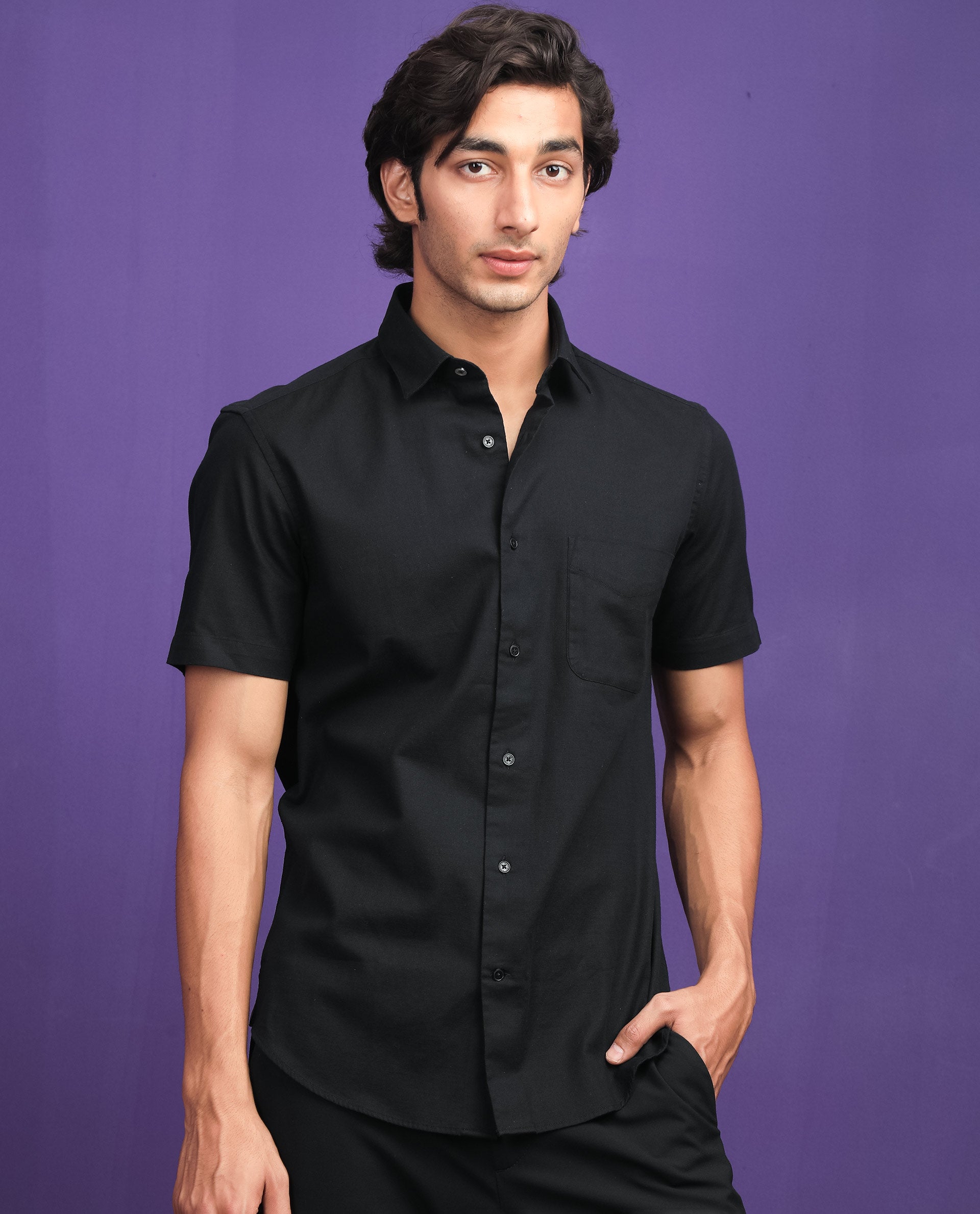 Rare Rabbit Men'S Darwin Black Shirt Cotton Fabric Short Sleeves Slim Fit