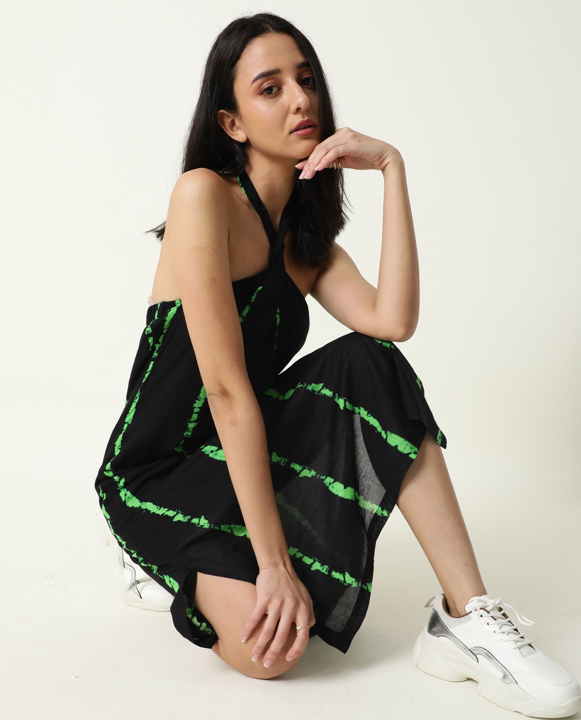 Rareism Women Heron Black Striped Halter Neck Back Tie-Up With Side Slits Midi Dress