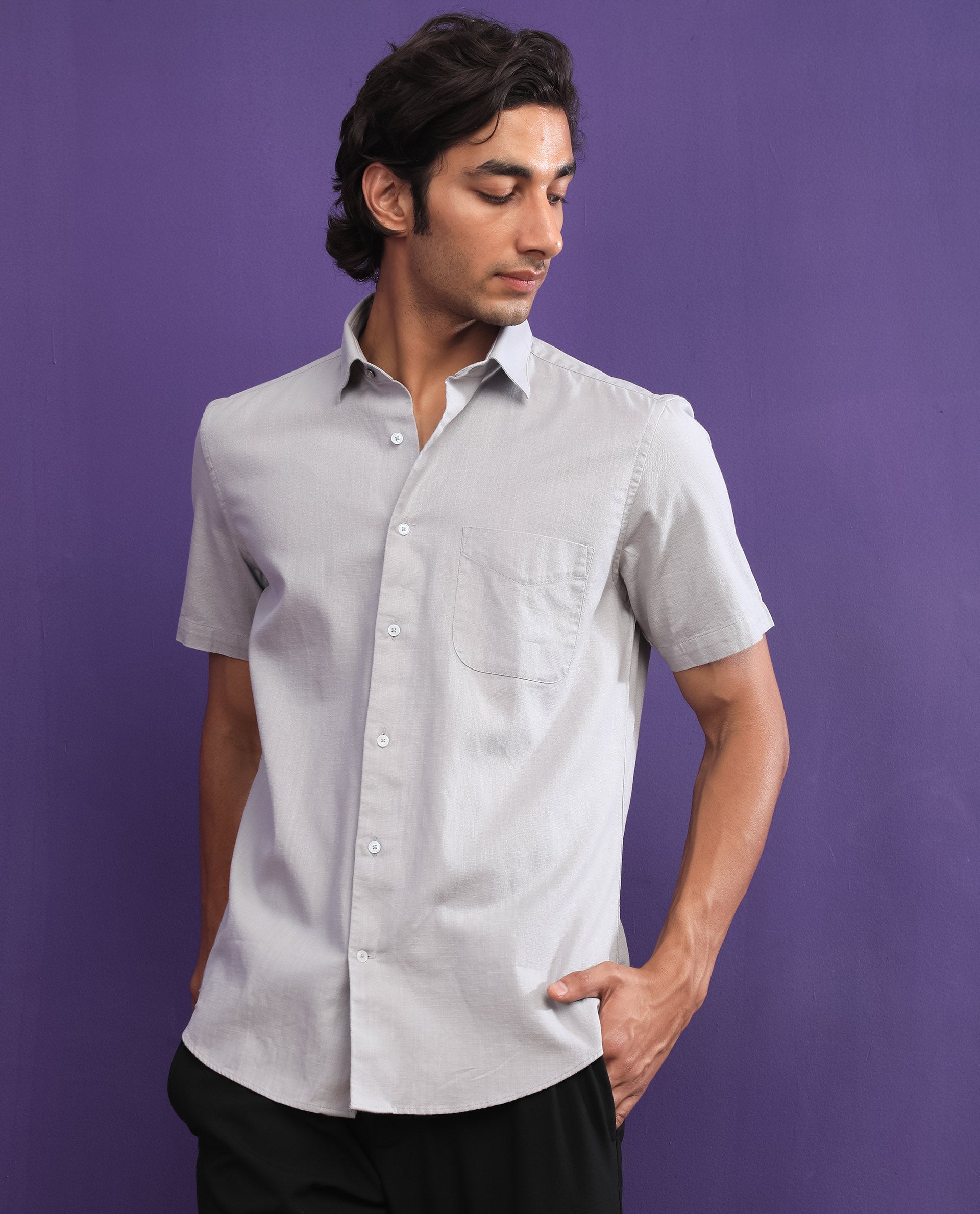 Rare Rabbit Men's Darwin Grey Cotton Fabric Half Sleeves Solid Shirt