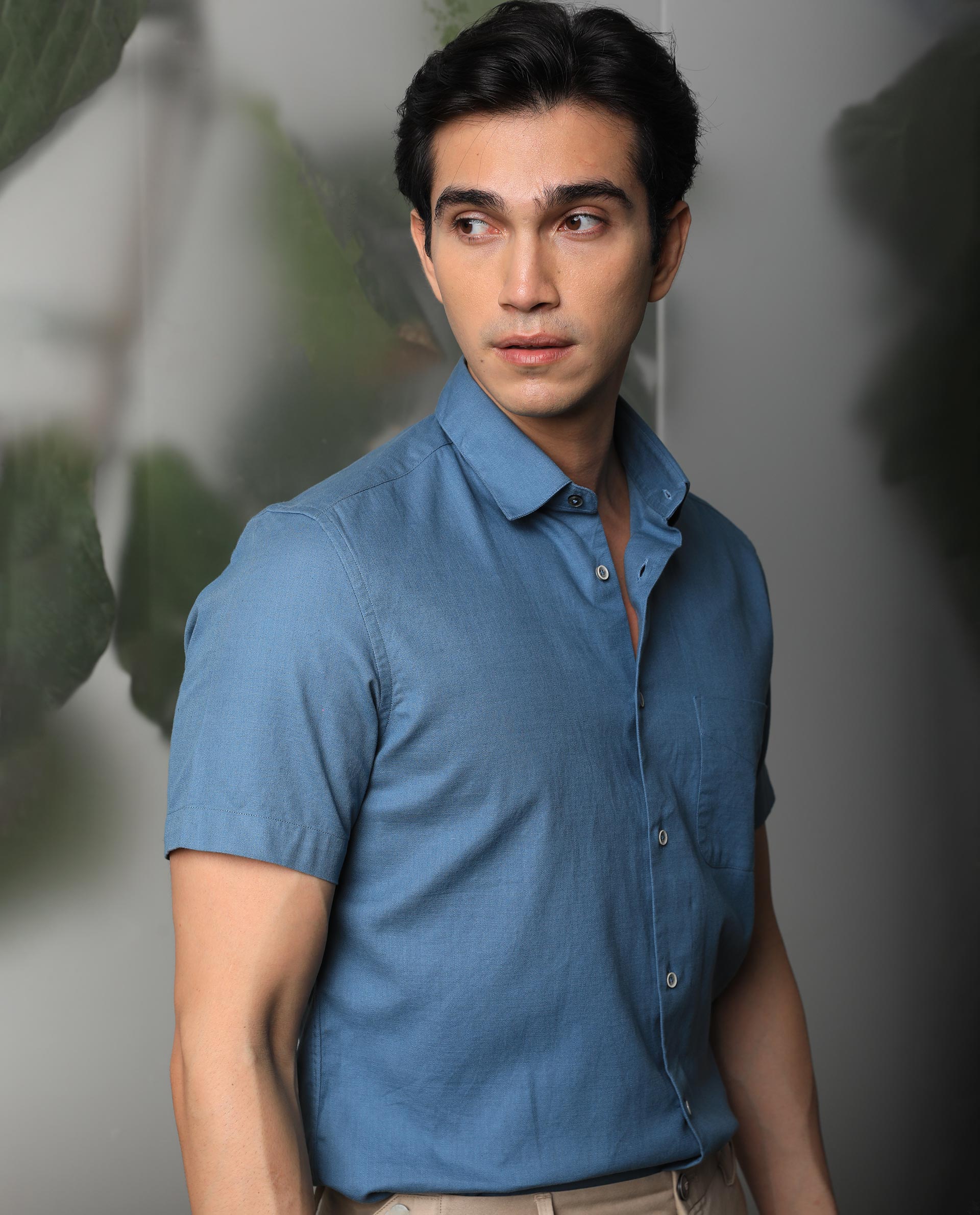 Rare Rabbit Mens Darwin Blue Cotton Fabric Short Sleeves Regular Fit Solid Shirt