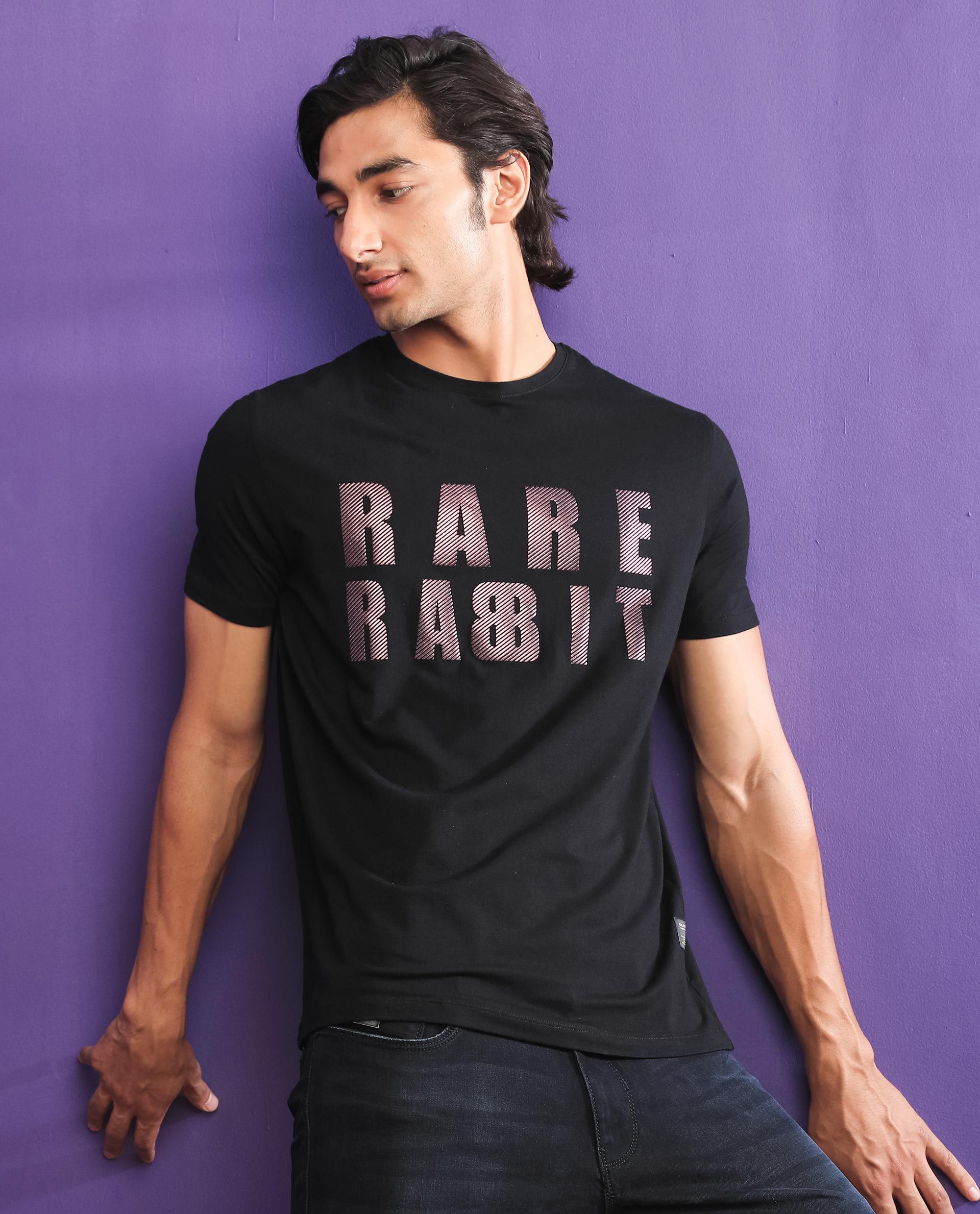 Rare Rabbit Mens Electricc Black Cotton Lycra Fabric Short Sleeves Crew Neck Slim Fit T-Shirt