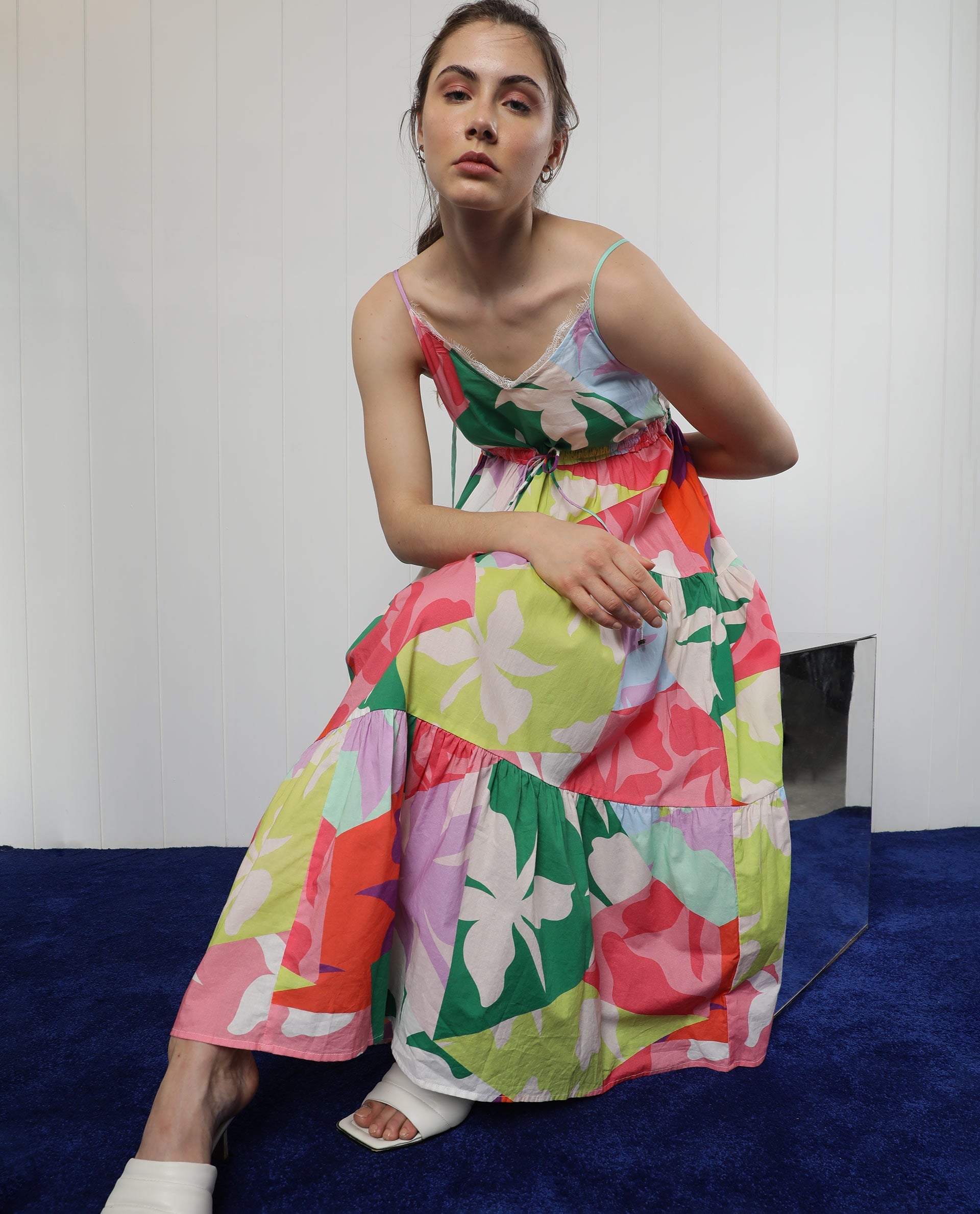 Rareism Women Grace Multi Cotton Fabric Sleeveless V-Neck Shoulder Straps Regular Fit Floral Print Knee Length Tiered Dress