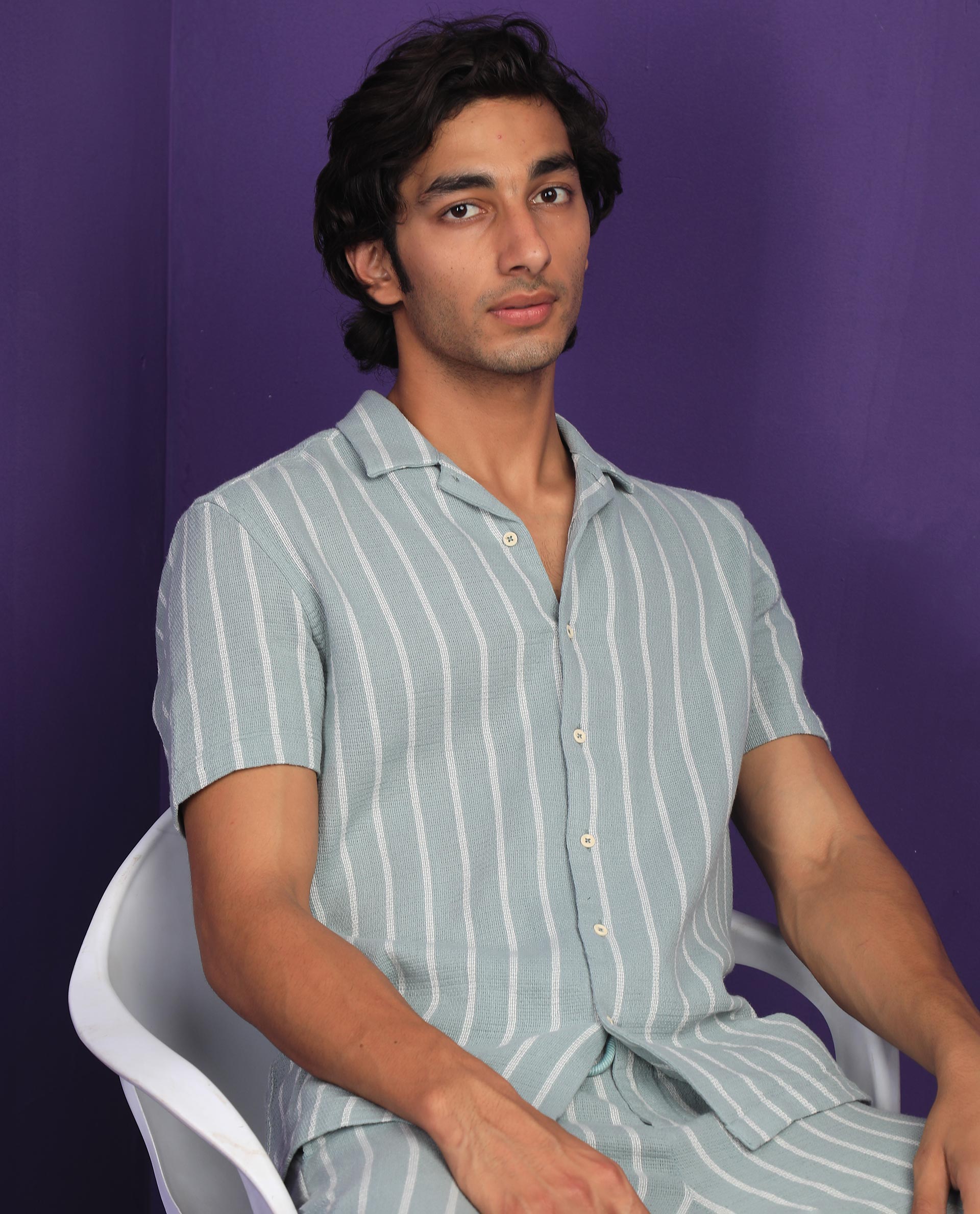 Rare Rabbit Men's Nanos Pastel Green Cotton Fabric Cuban Collar Half Sleeves Loosely Knit Stripe Shirt