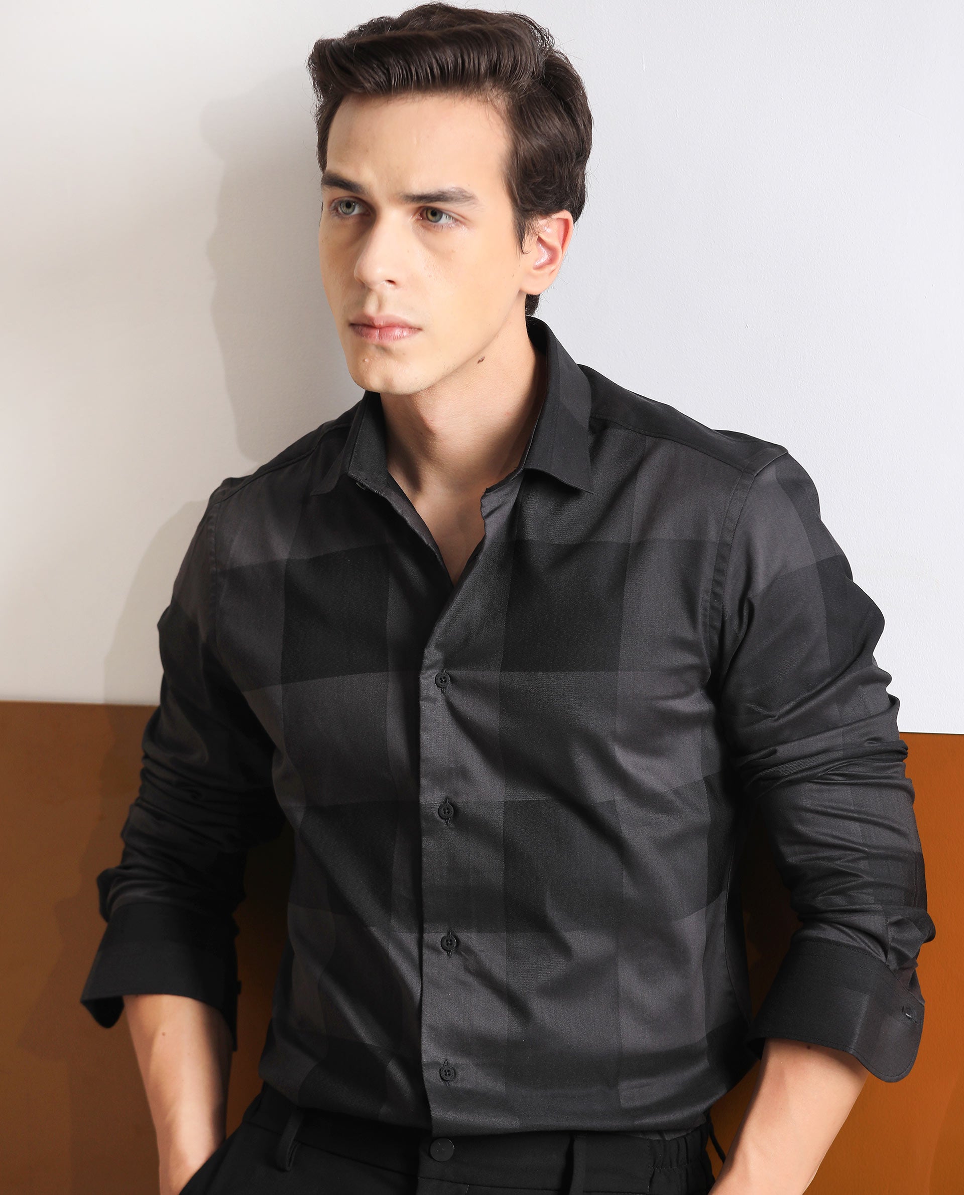 Rare Rabbit Men's Santhe Black Cotton Lycra Fabric Full Sleeves Regular Fit Tonal Checks Shirt