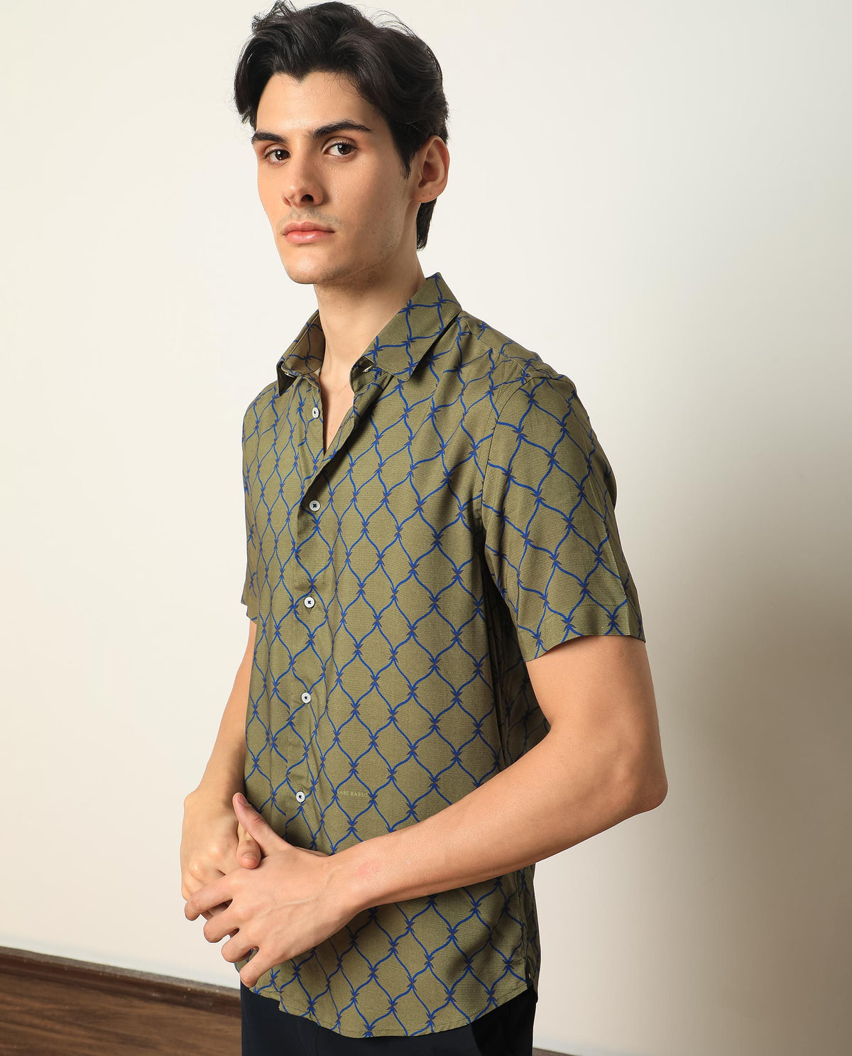 Rare Rabbit Men'S Beldon Olive Short Sleeves Collared Neck Slim Fit