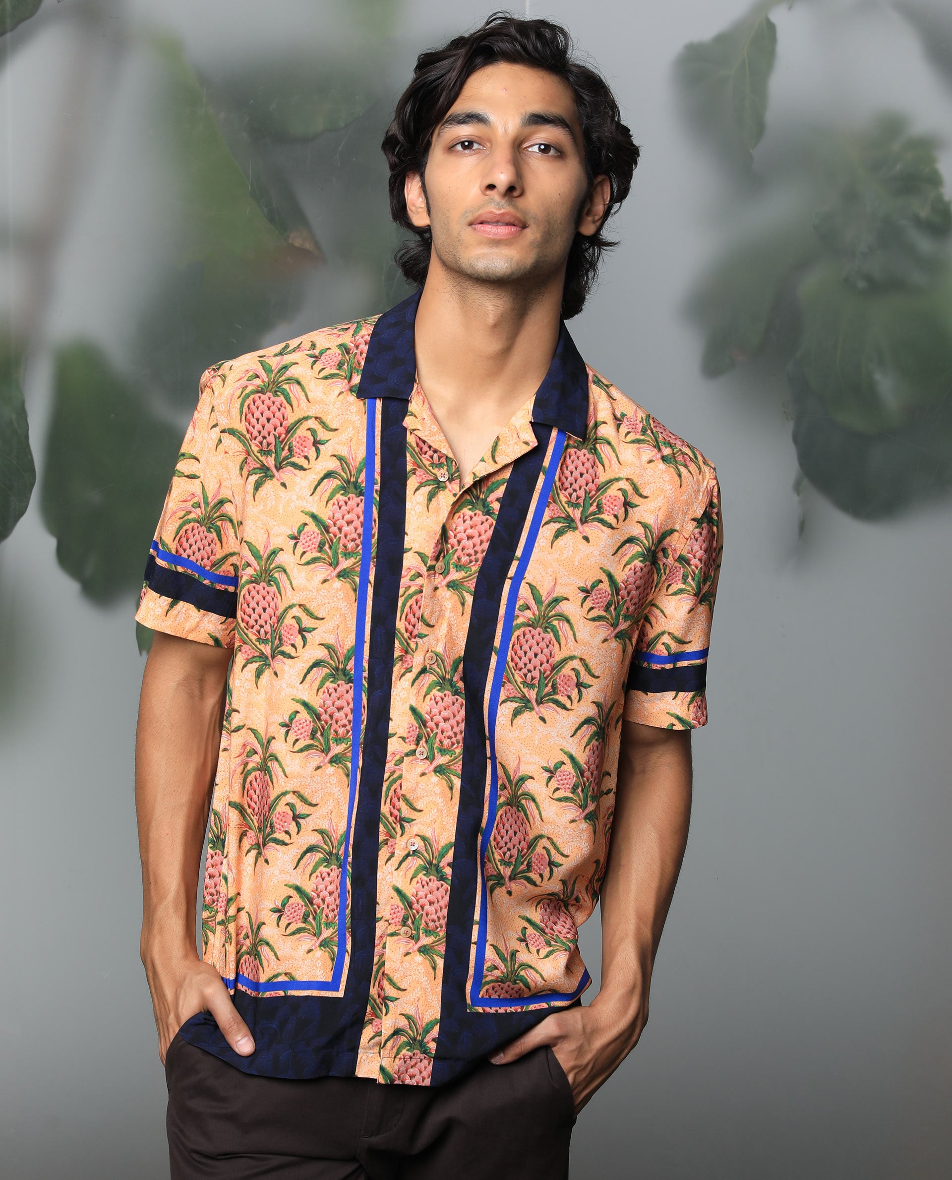 Rare Rabbit Men's Banes Beige Cotton Fabric Cuban Collar Floral Print Half Sleeves Shirt