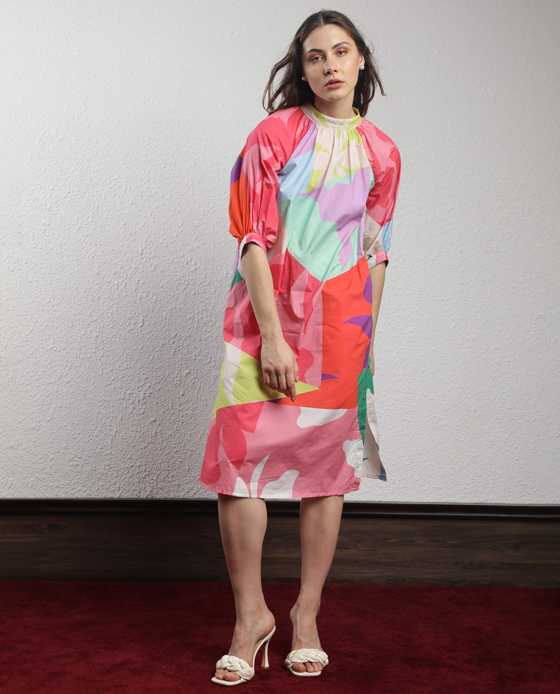 Rareism Women Scintill Multi Cotton Fabric 3/4Th Sleeves Zip Closure High Neck Balloon Sleeve Relaxed Fit Floral Print Knee Length Boxy Dress