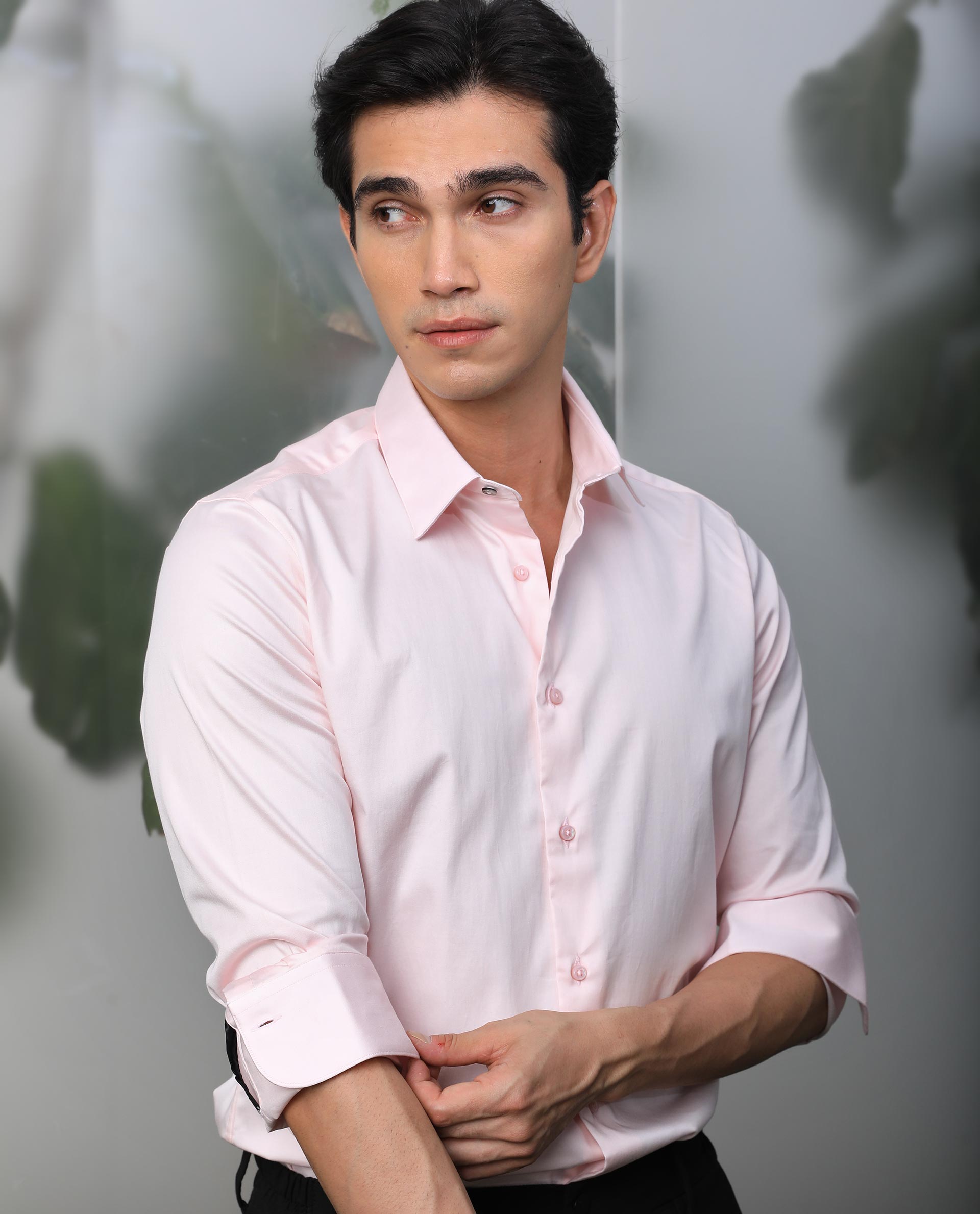 Rare Rabbit Mens Melton Pink Cotton Lycra Fabric Full Sleeves Tailored Fit Solid Shirt