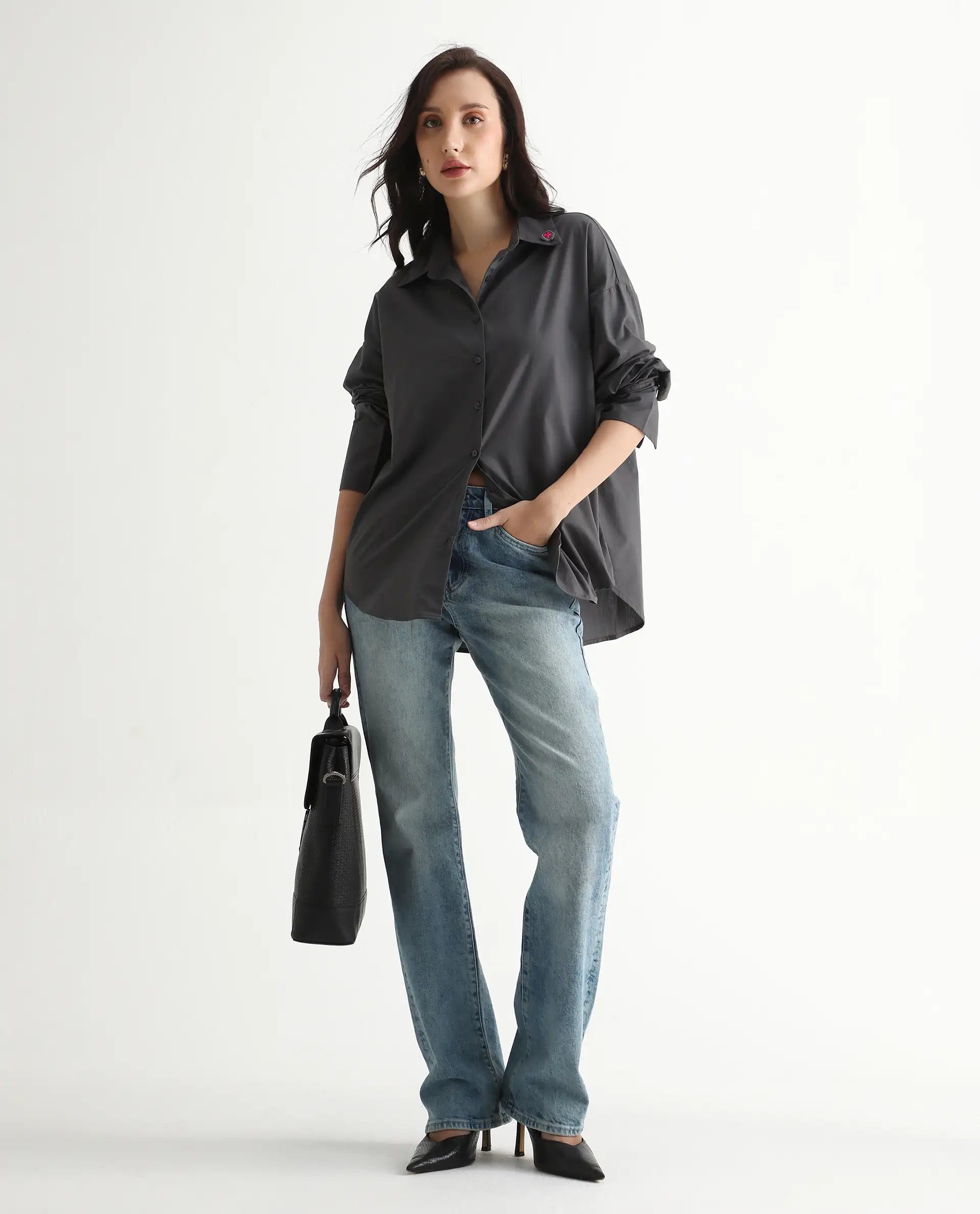 Rareism Women's Hertene Grey Cotton Drop Collar Plain Cuffed Sleeve Boxy Fit Shirt