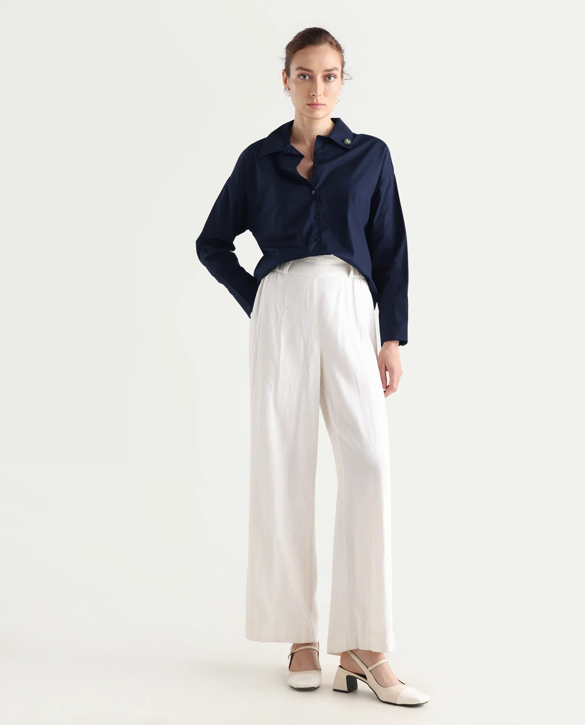 Rareism Women's Hertene Navy Cotton Drop Collar Plain Cuffed Sleeve Boxy Fit Shirt