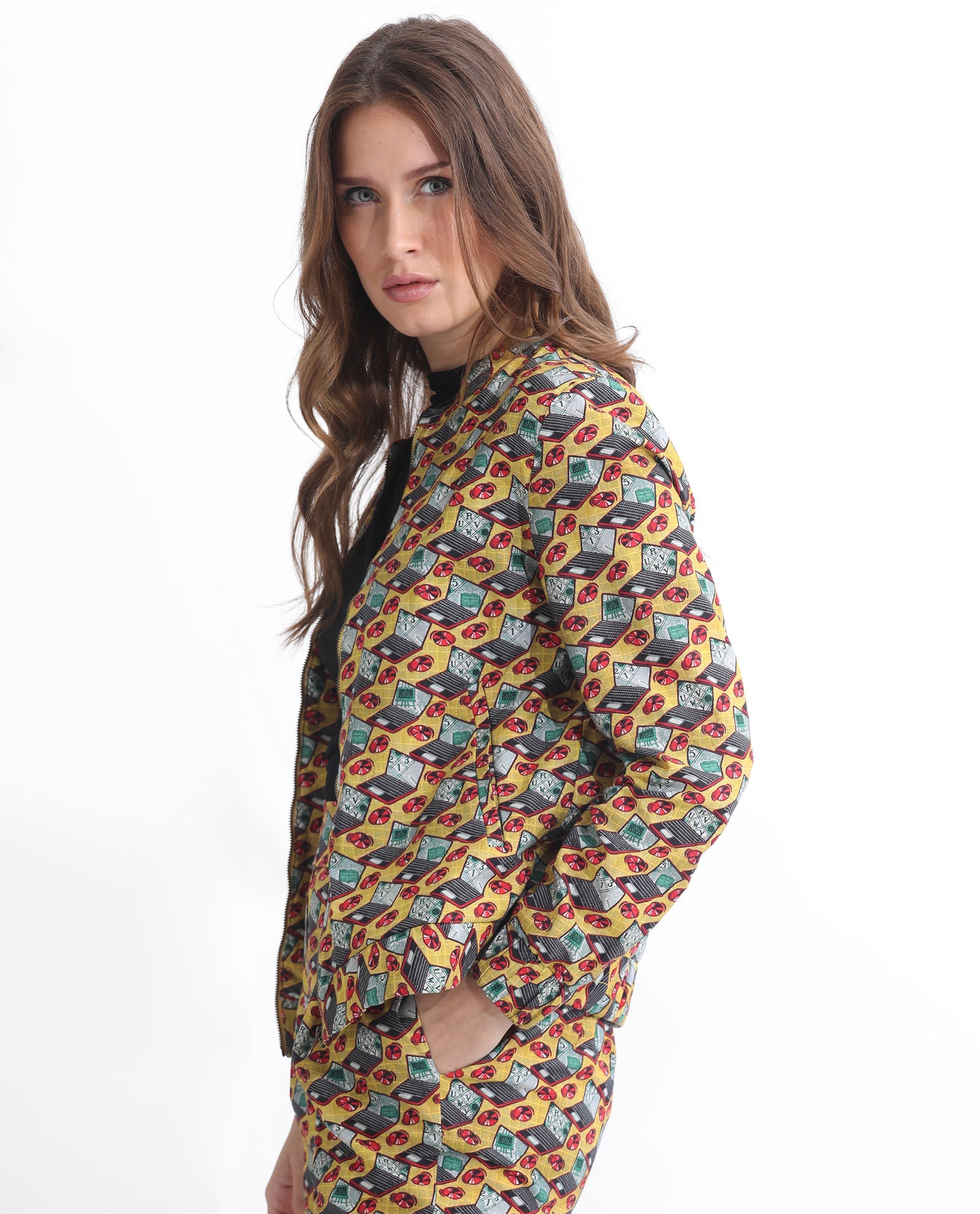 Rareism Women Hertie-T Yellow Cotton Viscose Fabric Full Sleeves Geometric Print Mandarin Collar Jacket
