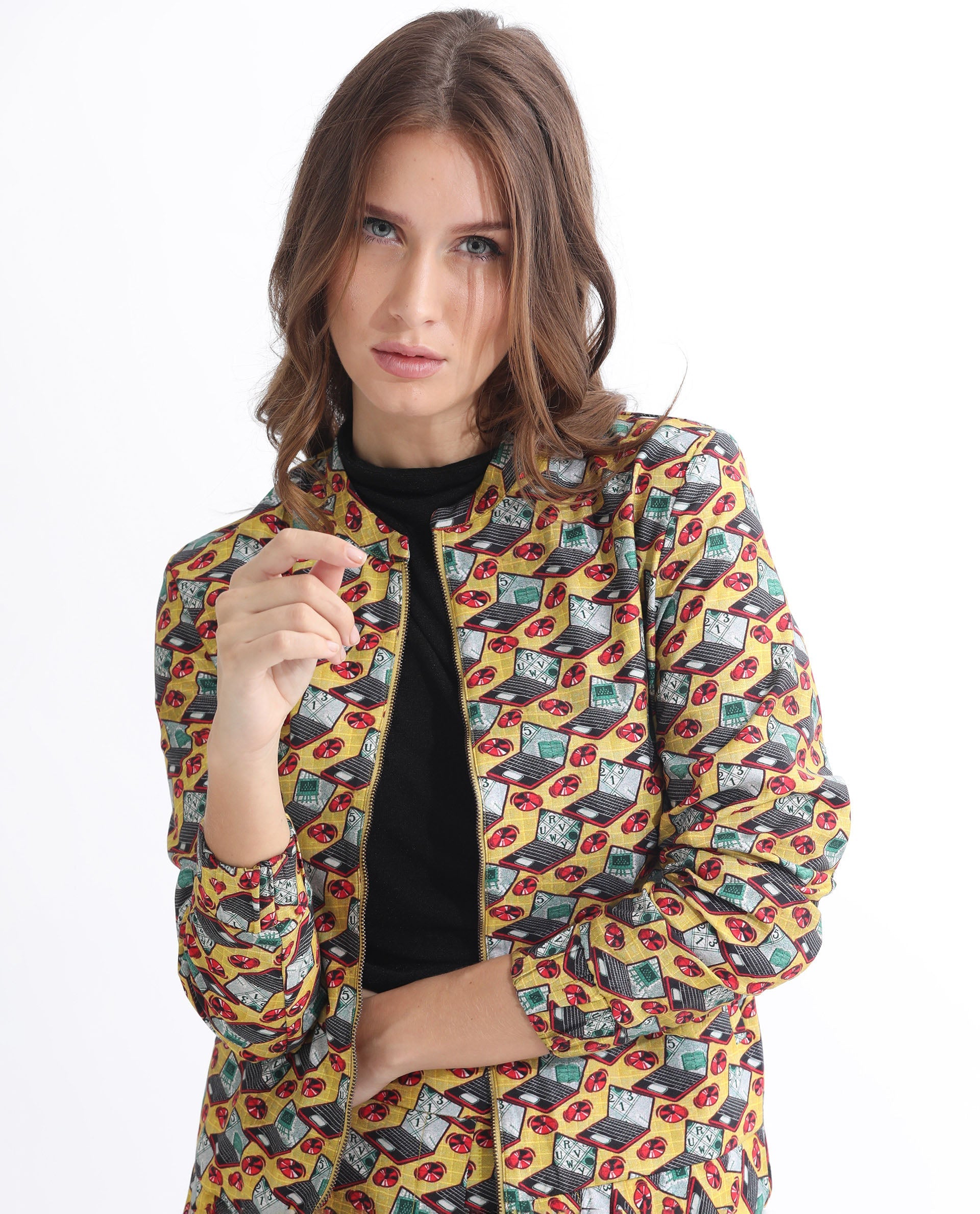 Rareism Women Hertie-T Yellow Cotton Viscose Fabric Full Sleeves Geometric Print Mandarin Collar Jacket