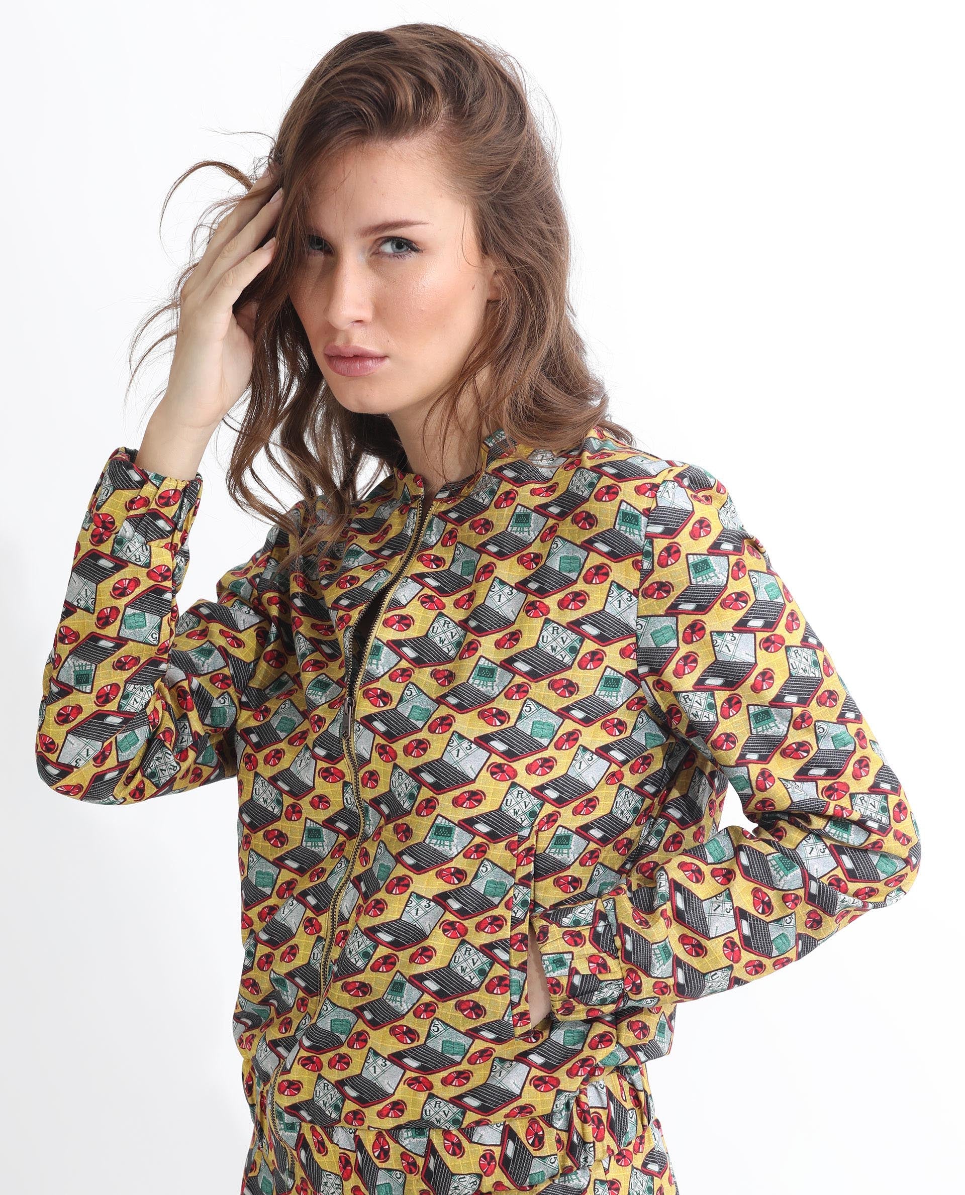 Rareism Women Hertie-T Yellow Cotton Viscose Fabric Full Sleeves Geometric Print Mandarin Collar Jacket