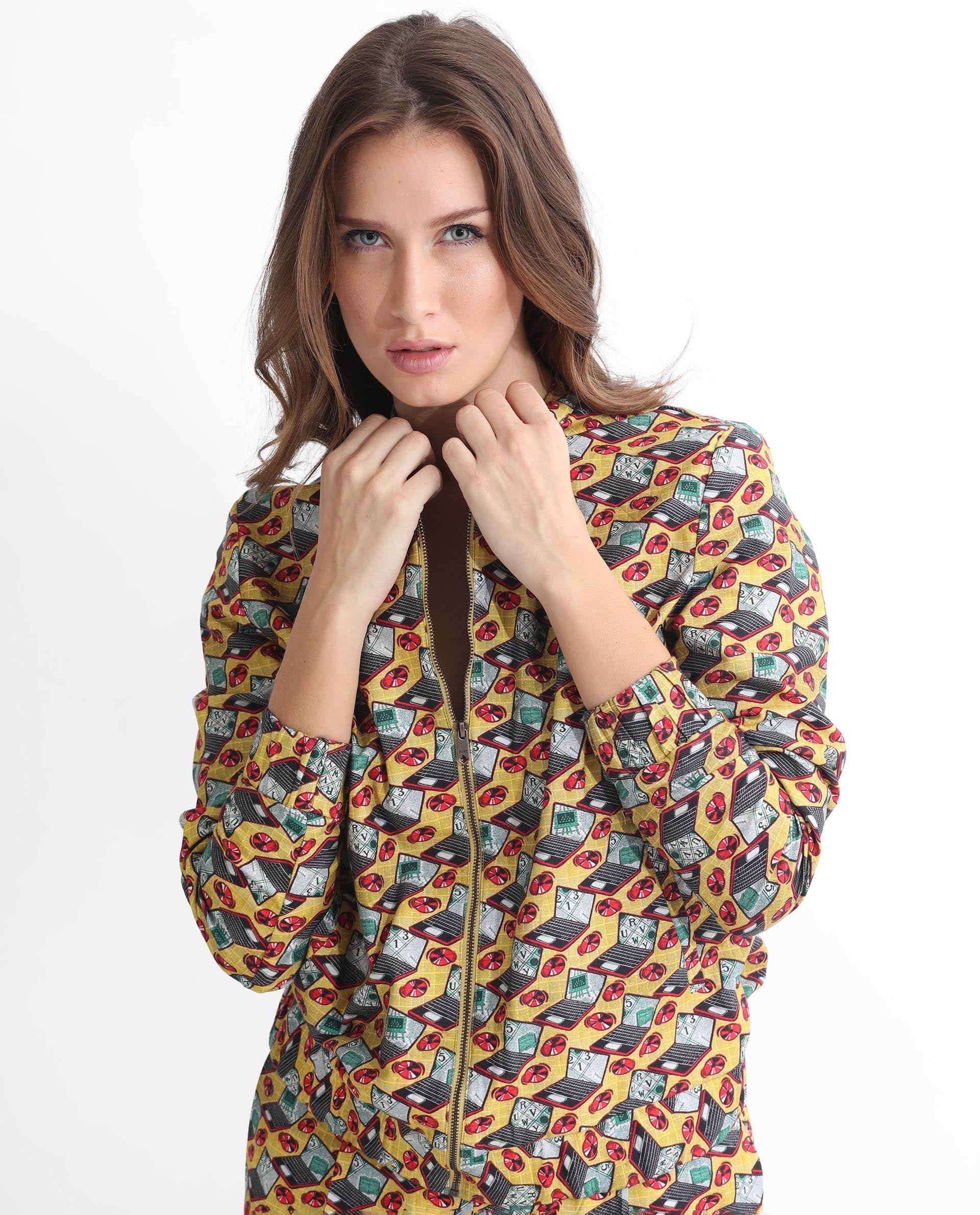 Rareism Women Hertie-T Yellow Cotton Viscose Fabric Full Sleeves Geometric Print Mandarin Collar Jacket