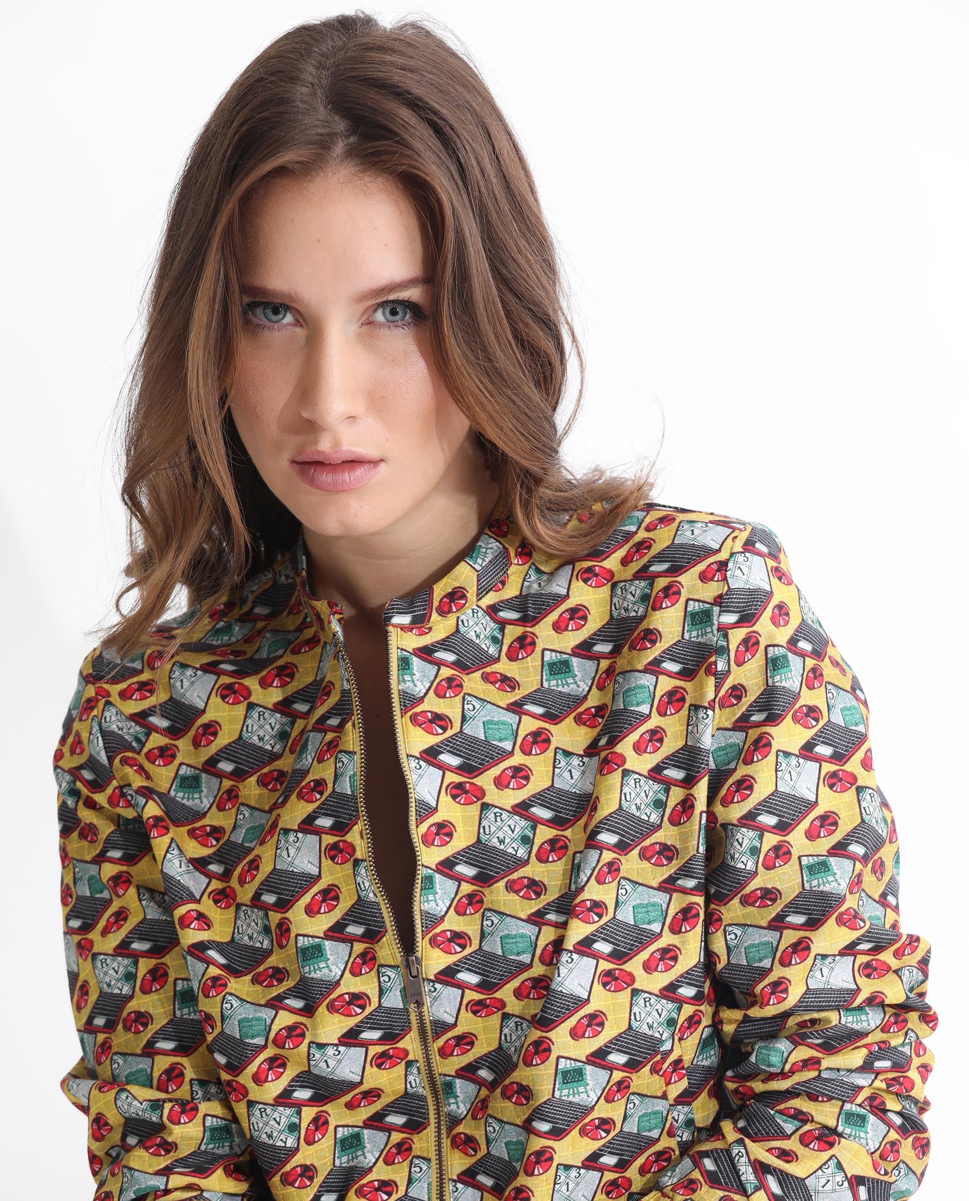 Rareism Women Hertie-T Yellow Cotton Viscose Fabric Full Sleeves Geometric Print Mandarin Collar Jacket