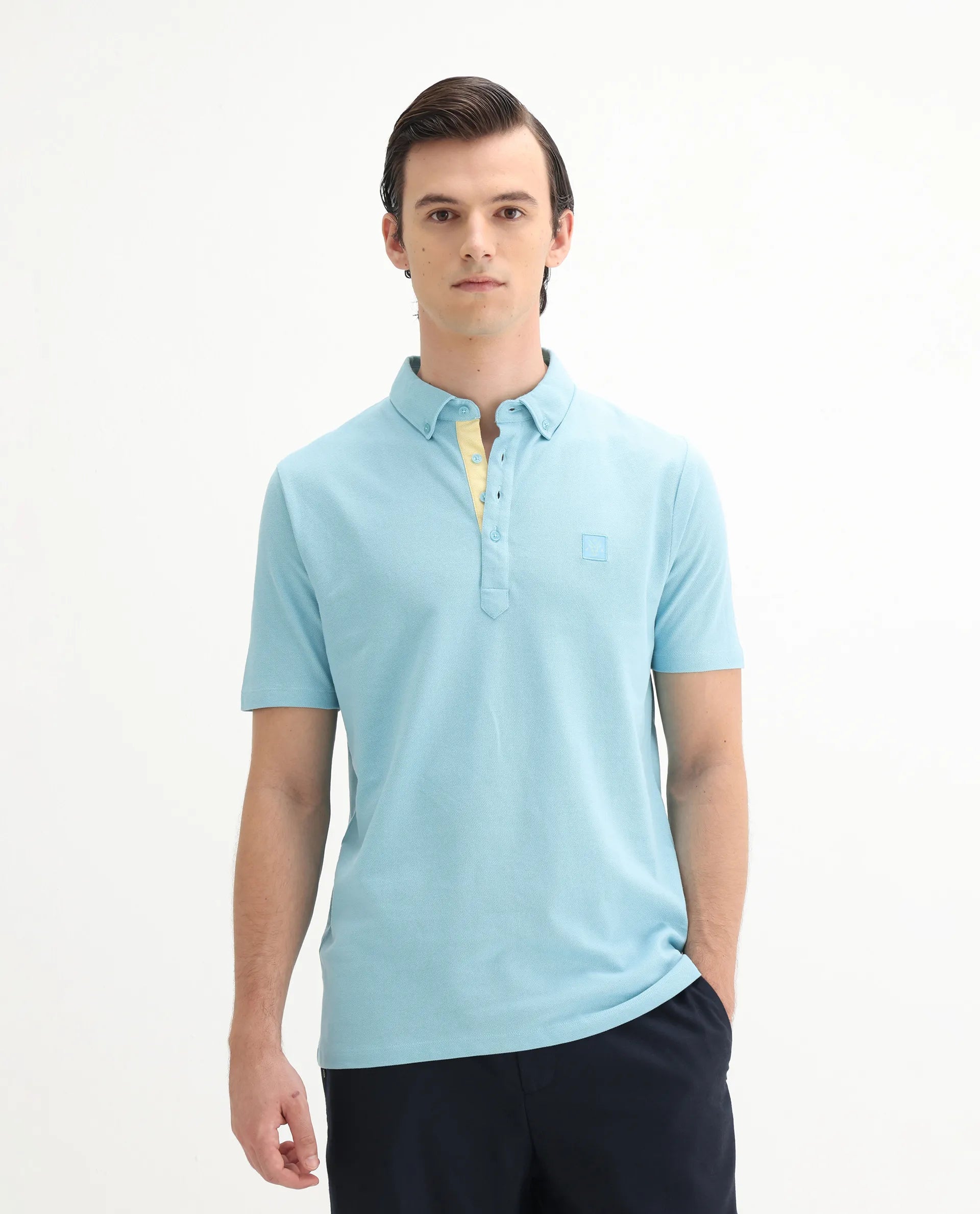 Rare Rabbit Men's Herval Light Blue Cotton Plain Regular Fit Half Sleeve Polo