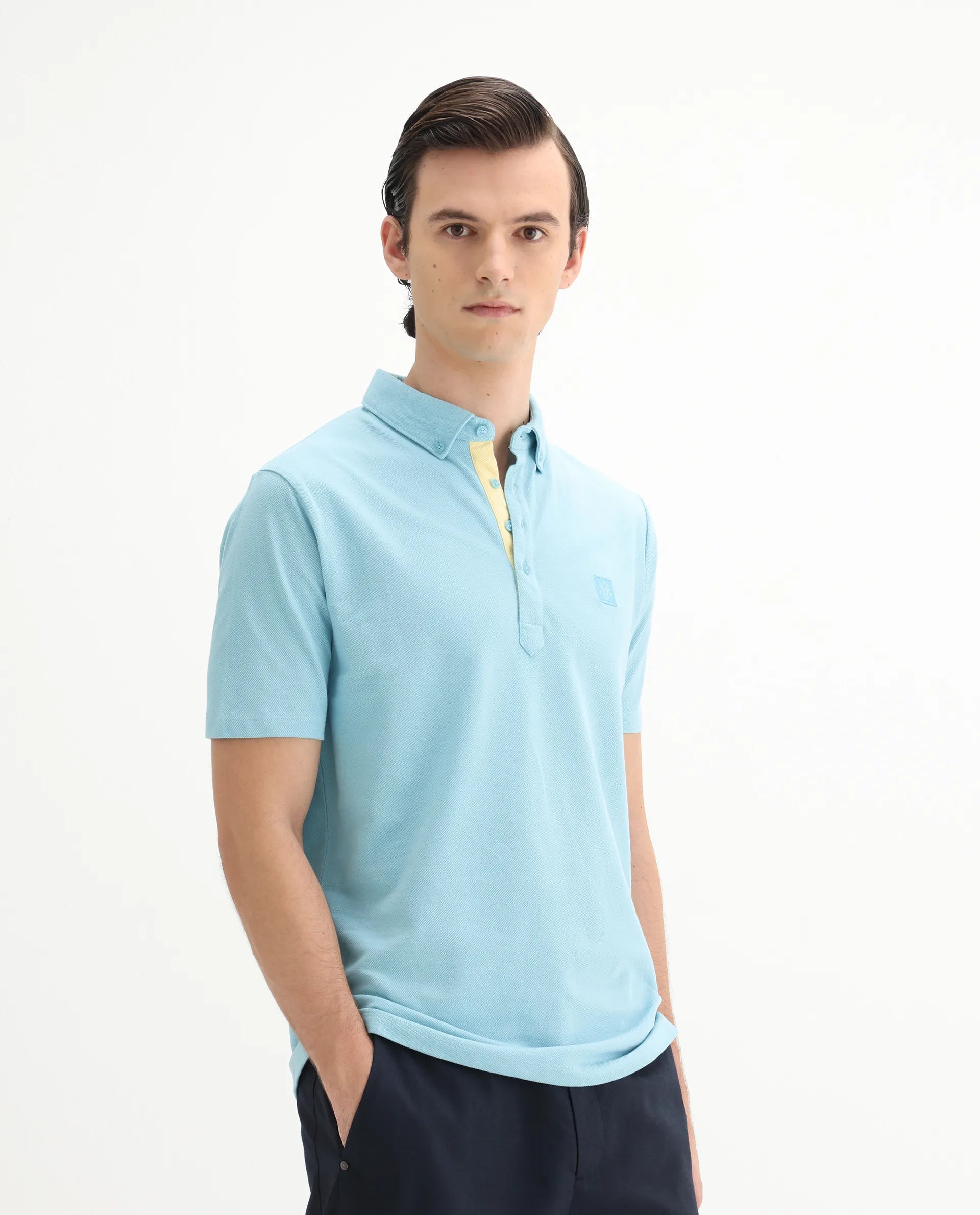 Rare Rabbit Men's Herval Light Blue Cotton Plain Regular Fit Half Sleeve Polo