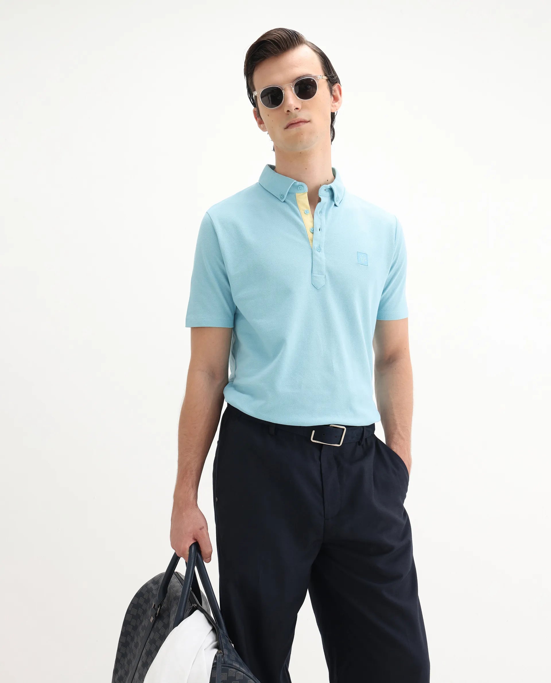 Rare Rabbit Men's Herval Light Blue Cotton Plain Regular Fit Half Sleeve Polo