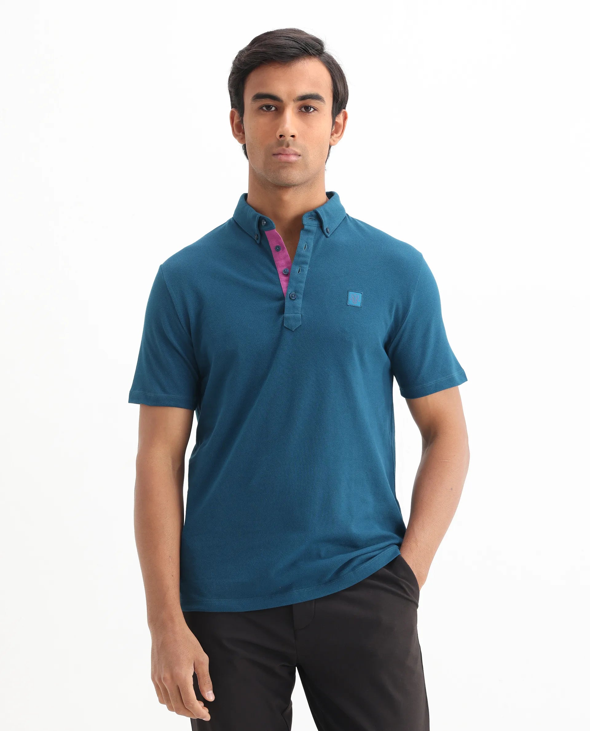 Rare Rabbit Men's Herval Blue Cotton Plain Regular Fit Half Sleeve Polo