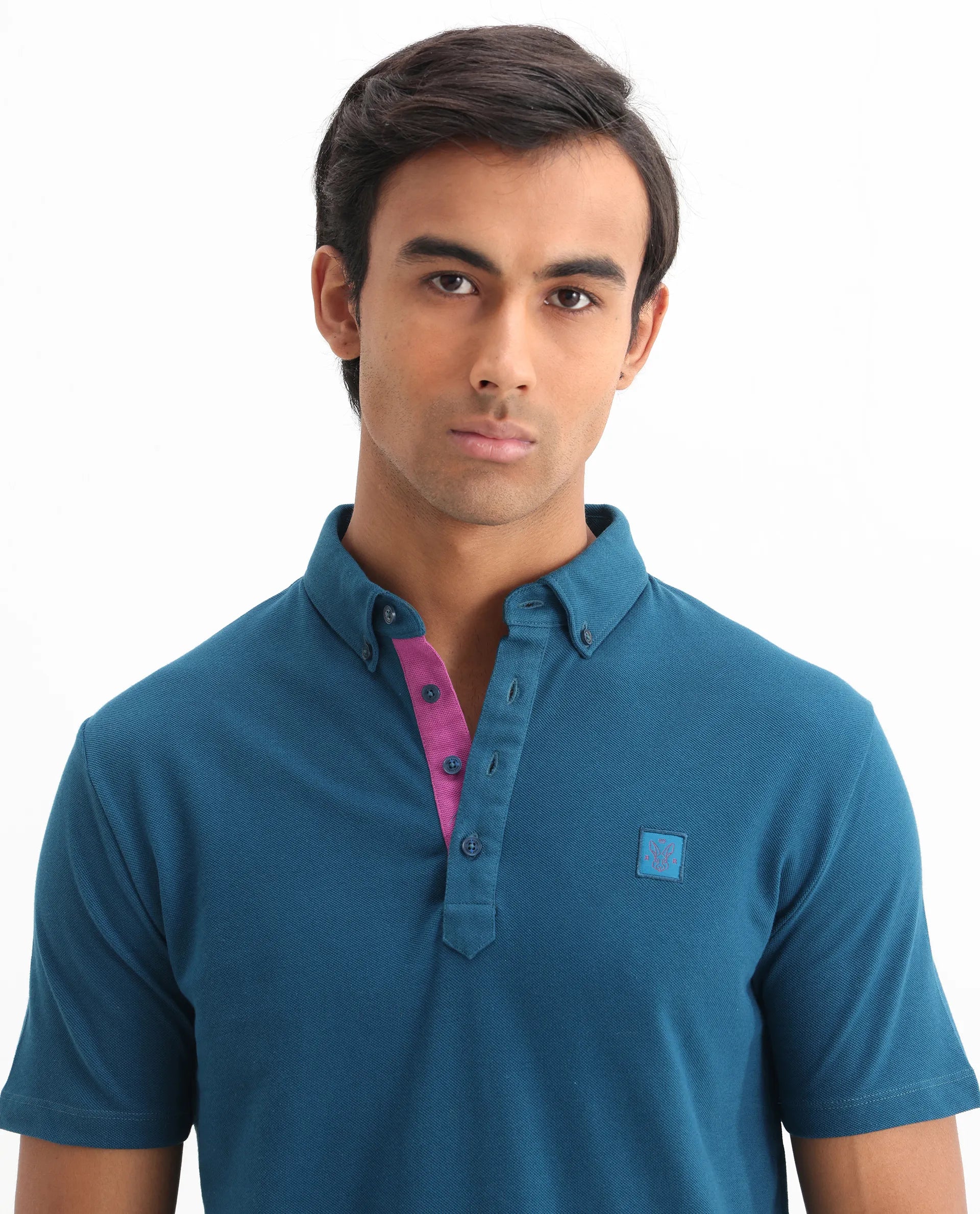 Rare Rabbit Men's Herval Blue Cotton Plain Regular Fit Half Sleeve Polo