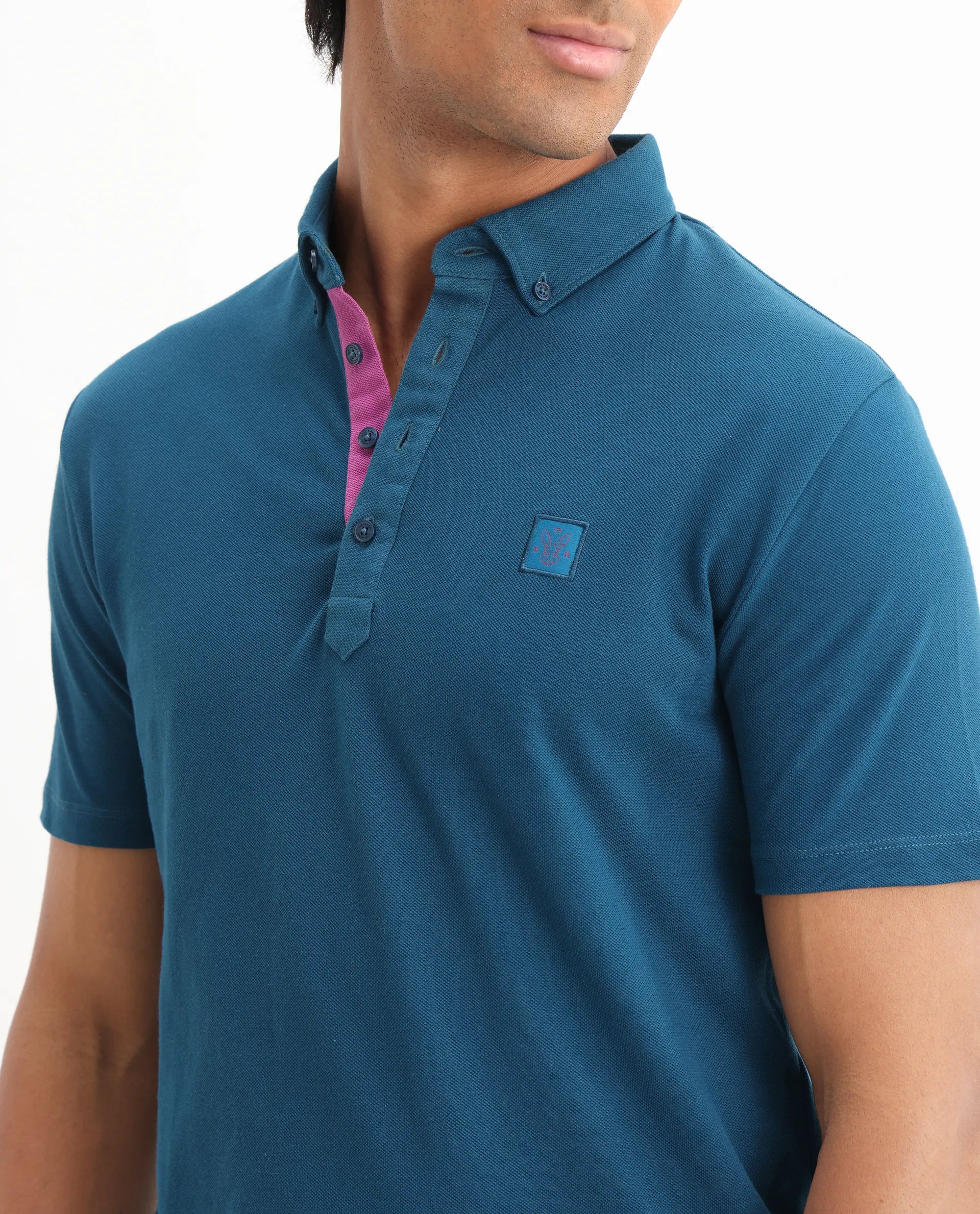 Rare Rabbit Men's Herval Blue Cotton Plain Regular Fit Half Sleeve Polo