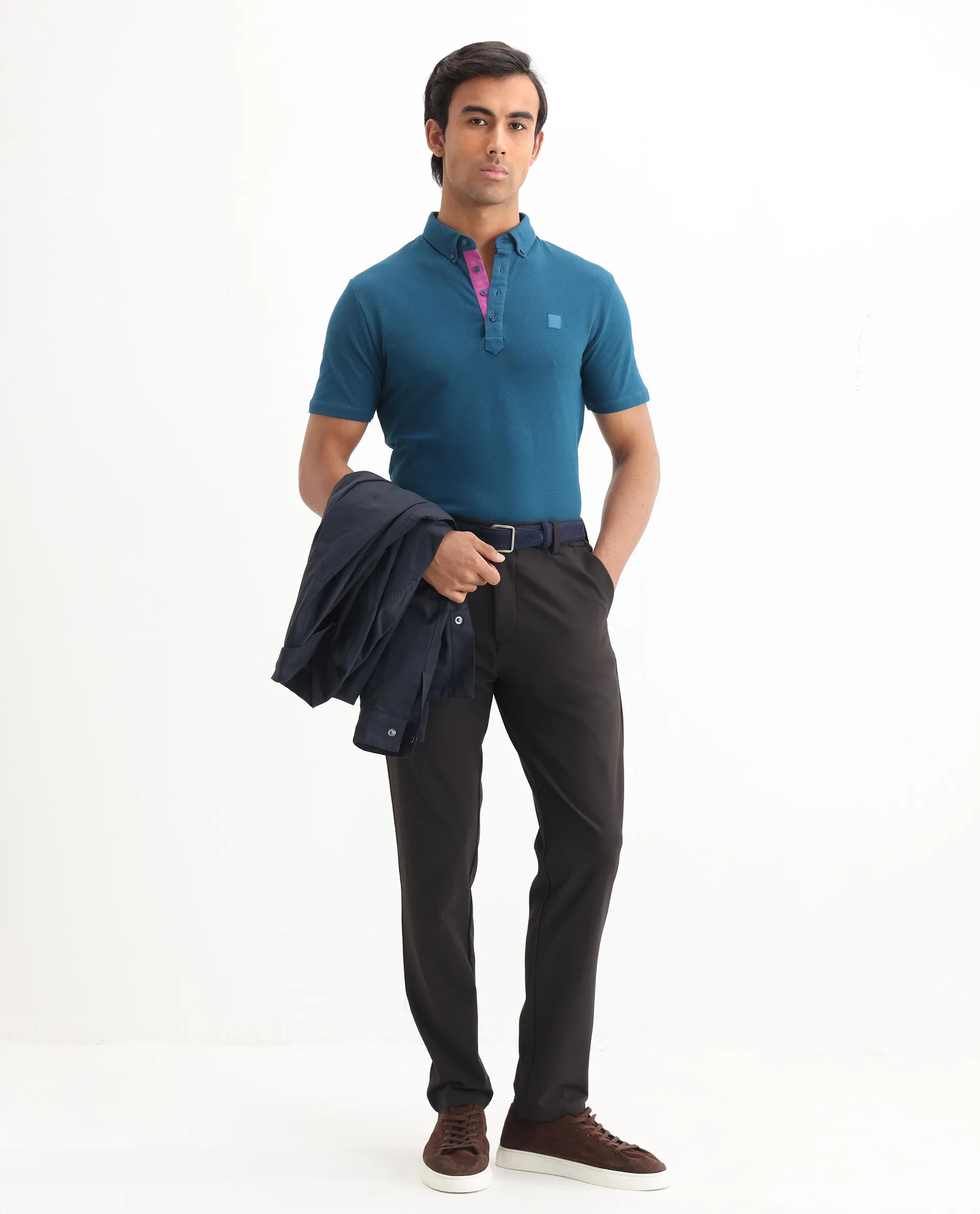 Rare Rabbit Men's Herval Blue Cotton Plain Regular Fit Half Sleeve Polo