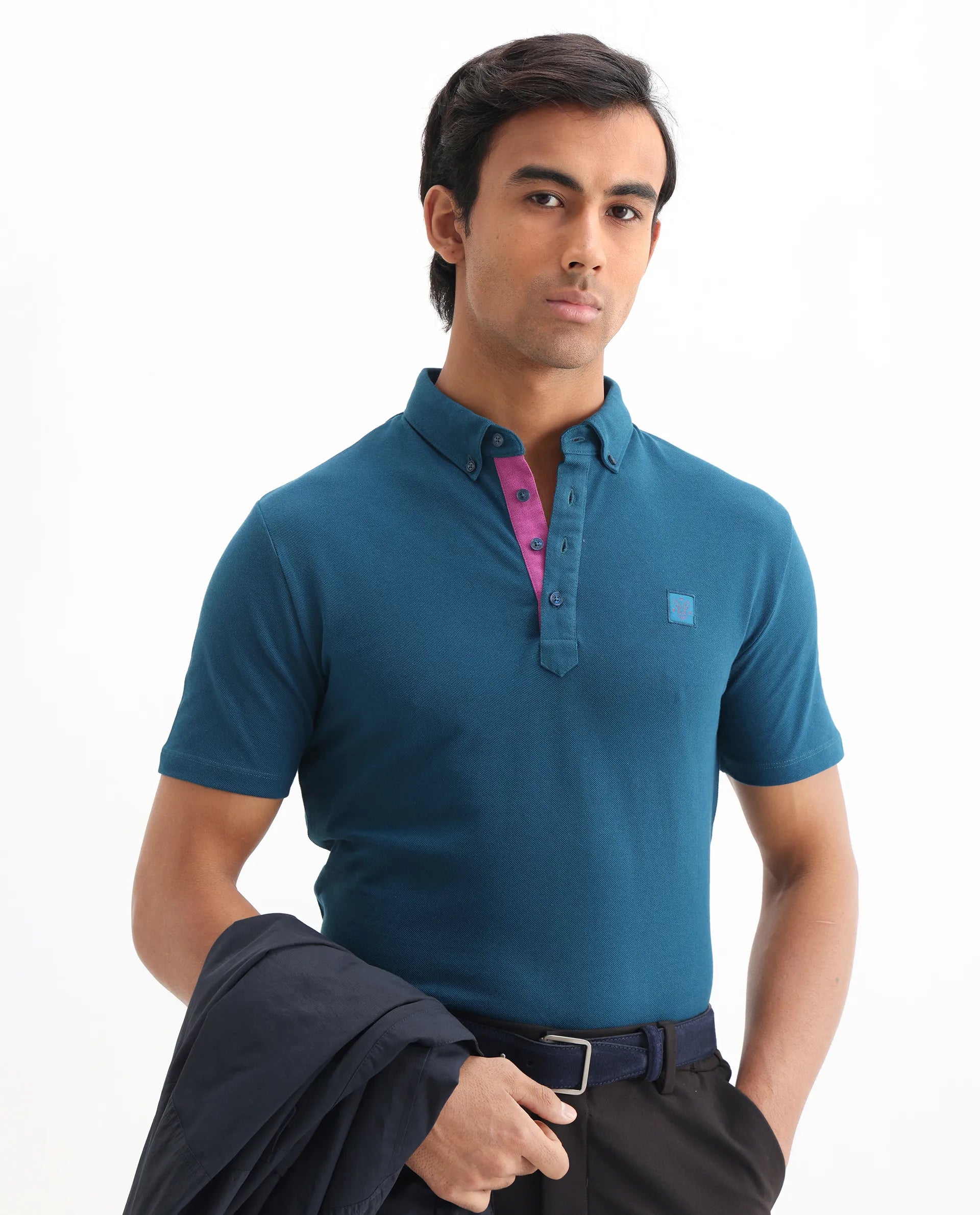 Rare Rabbit Men's Herval Blue Cotton Plain Regular Fit Half Sleeve Polo