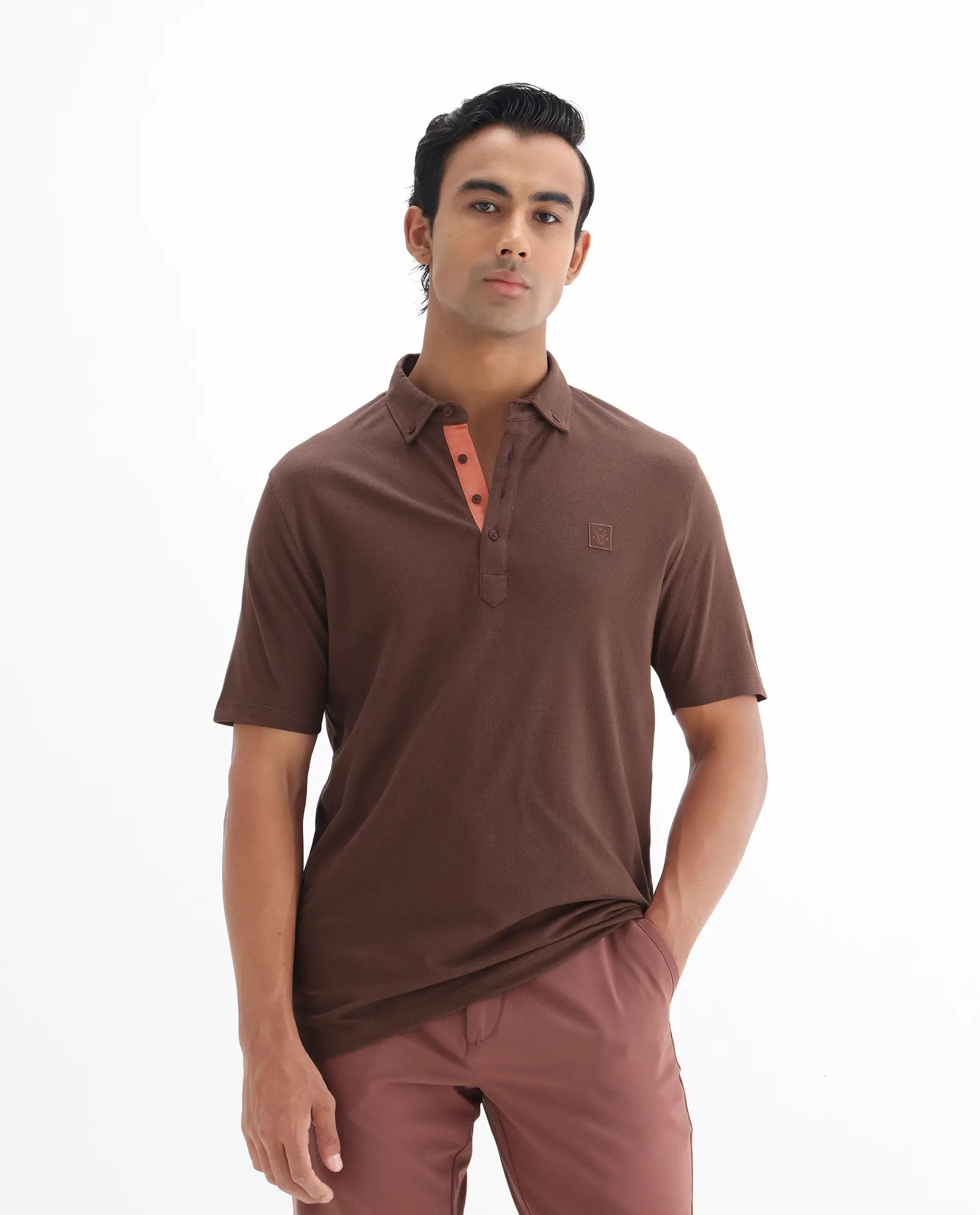 Rare Rabbit Men's Herval Dark Brown Cotton Plain Regular Fit Half Sleeve Polo