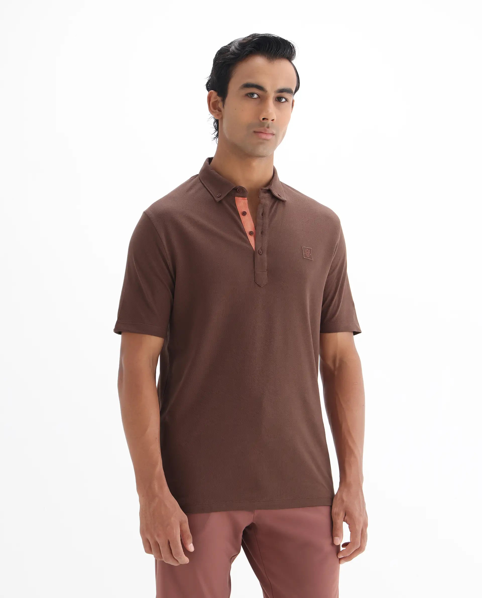 Rare Rabbit Men's Herval Dark Brown Cotton Plain Regular Fit Half Sleeve Polo