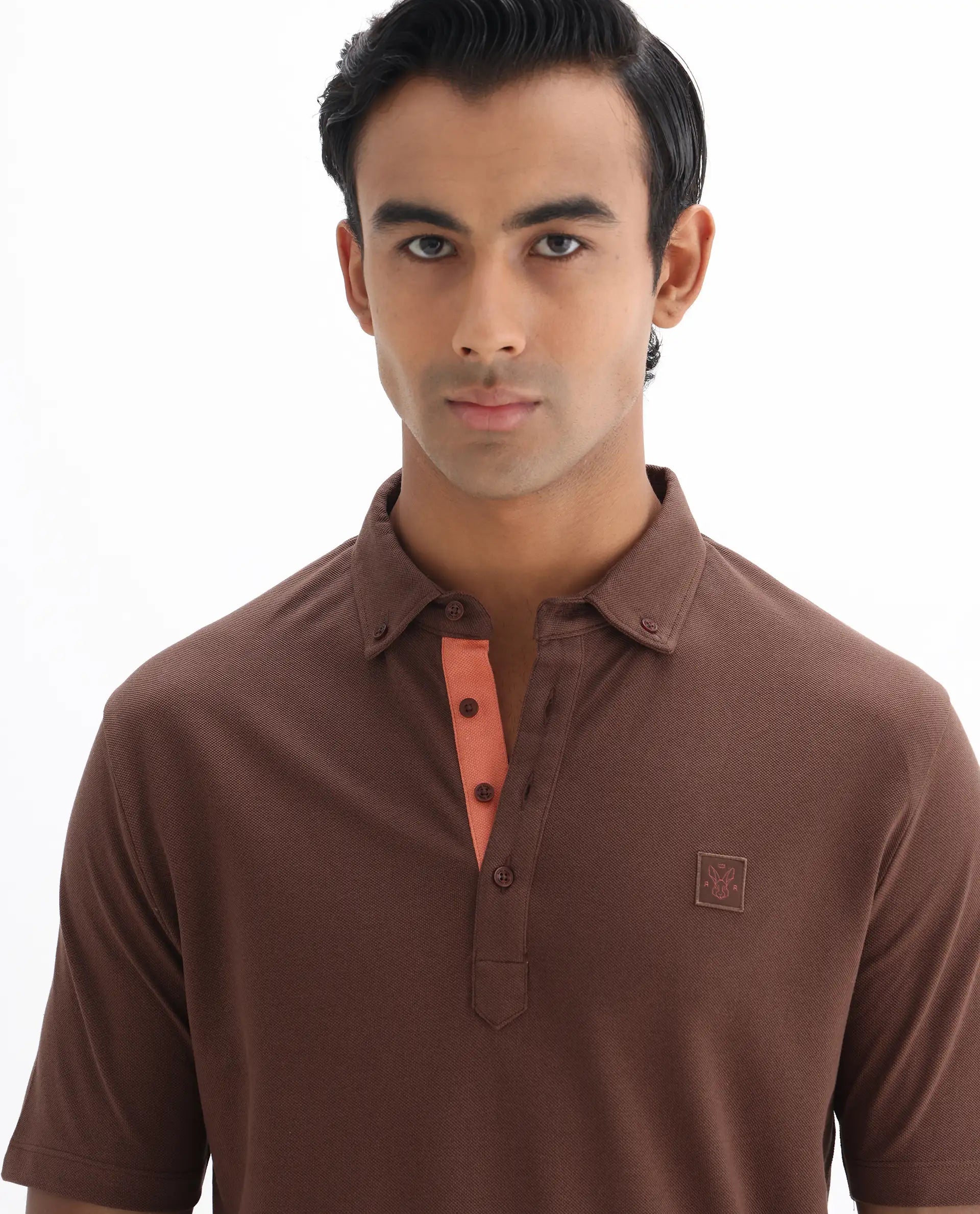 Rare Rabbit Men's Herval Dark Brown Cotton Plain Regular Fit Half Sleeve Polo