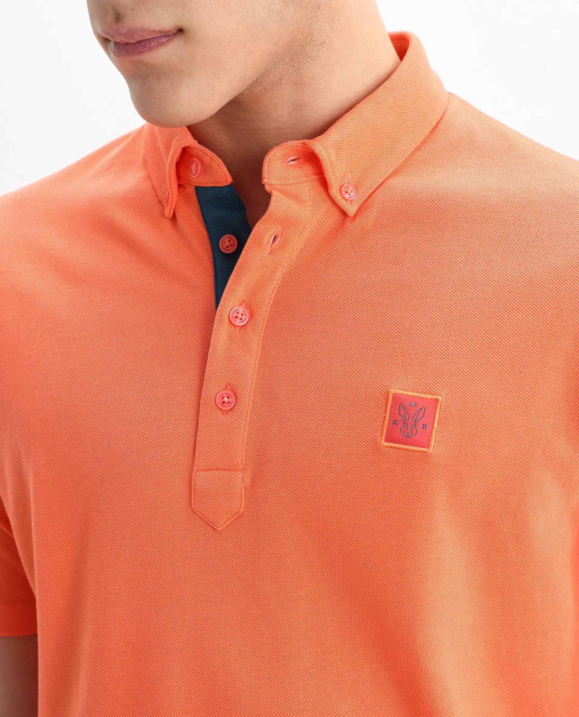 Rare Rabbit Men's Herval Dark Peach Cotton Plain Regular Fit Half Sleeve Polo