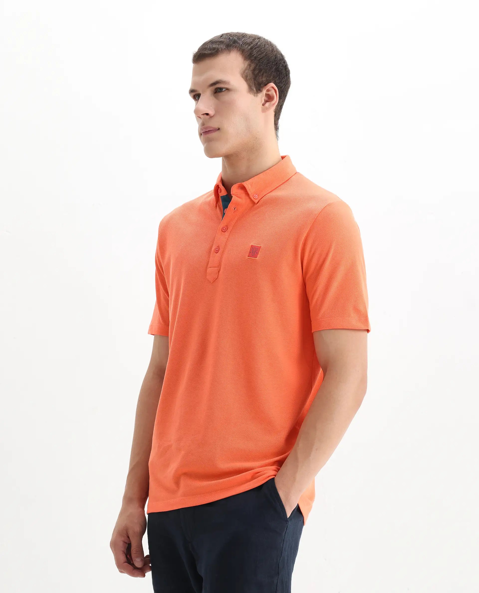 Rare Rabbit Men's Herval Dark Peach Cotton Plain Regular Fit Half Sleeve Polo
