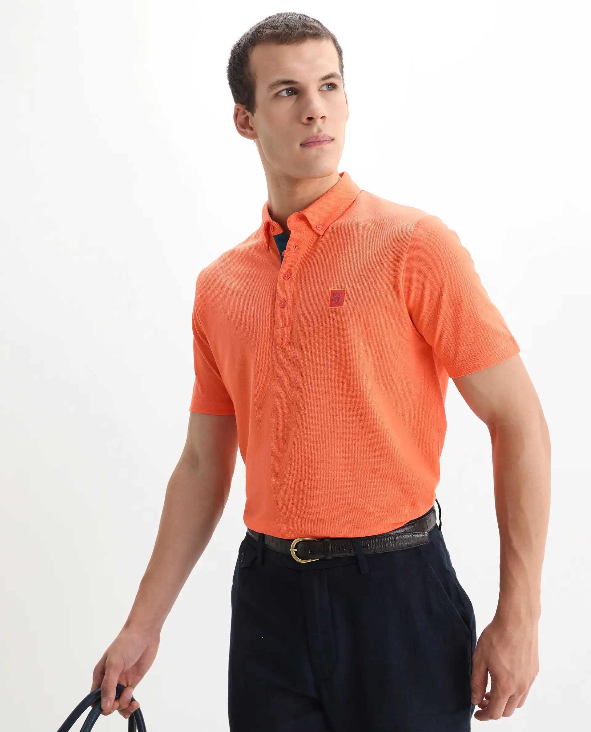 Rare Rabbit Men's Herval Dark Peach Cotton Plain Regular Fit Half Sleeve Polo