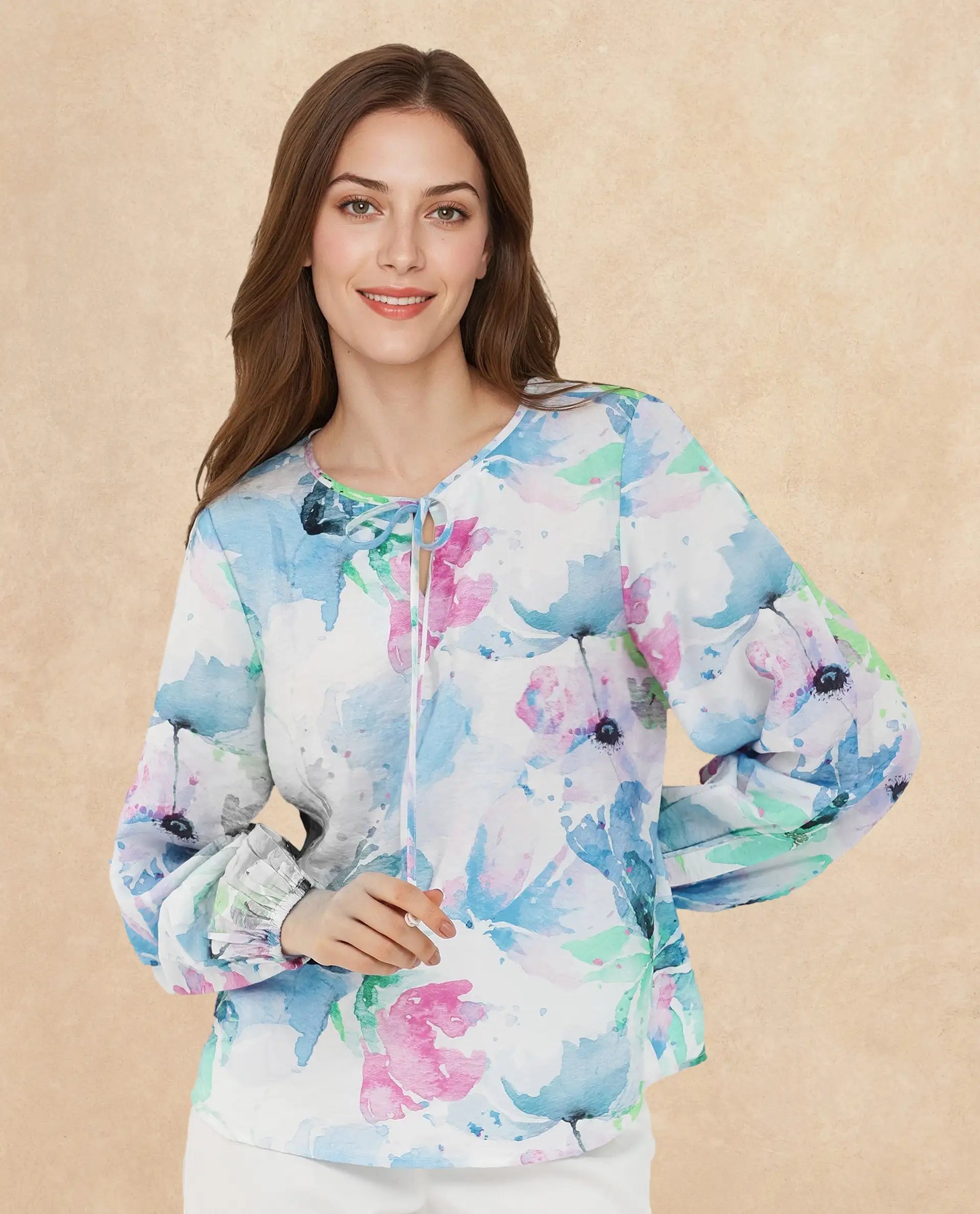 Rareism Women Hestero Light Multi Bishop Sleeve Tie Up Neck Abstract Print Top