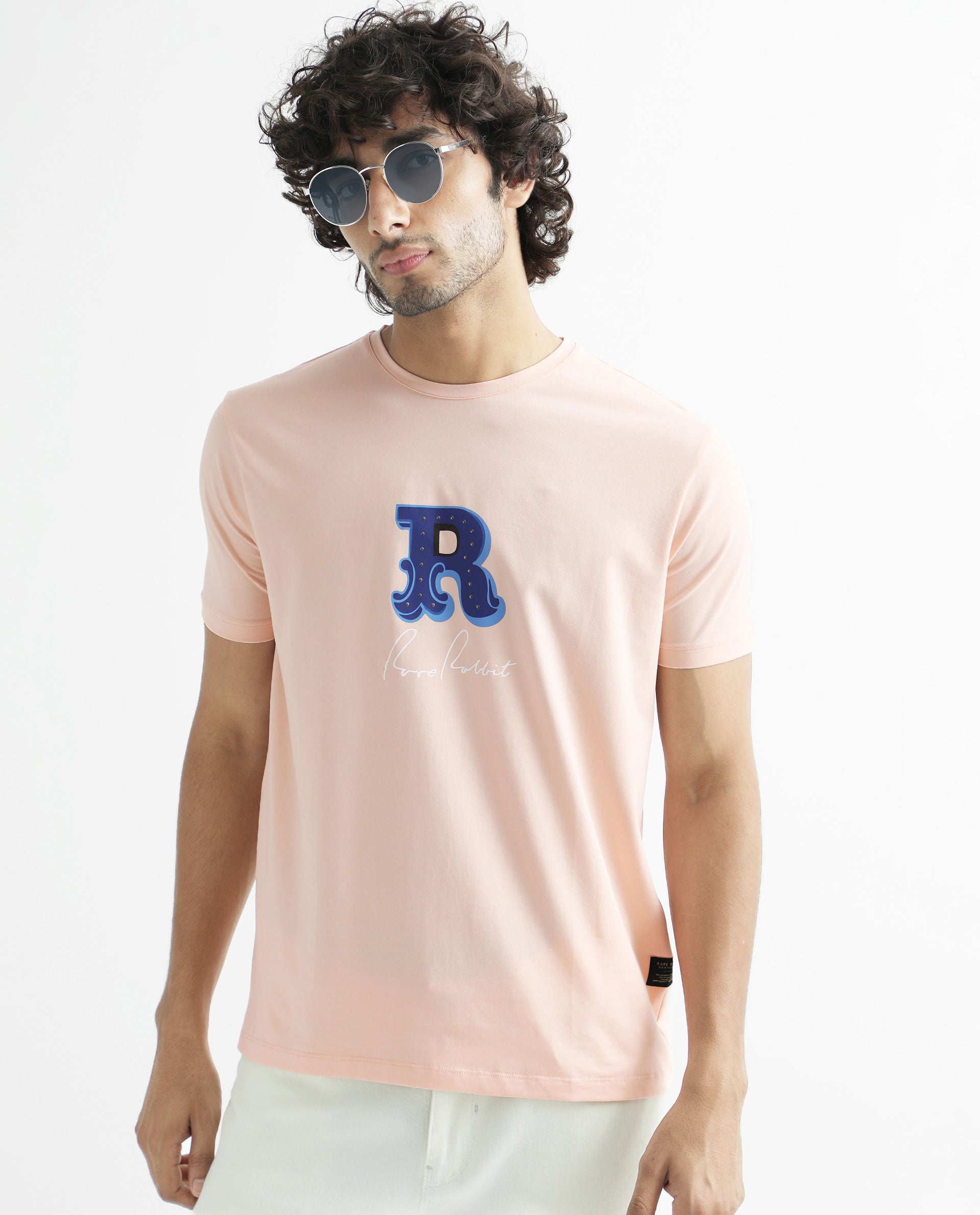 Rare Rabbit Men's Hew Peach Crew Neck HD Studded Logo With Signature Branding Half Sleeves Slim Fit T-Shirt