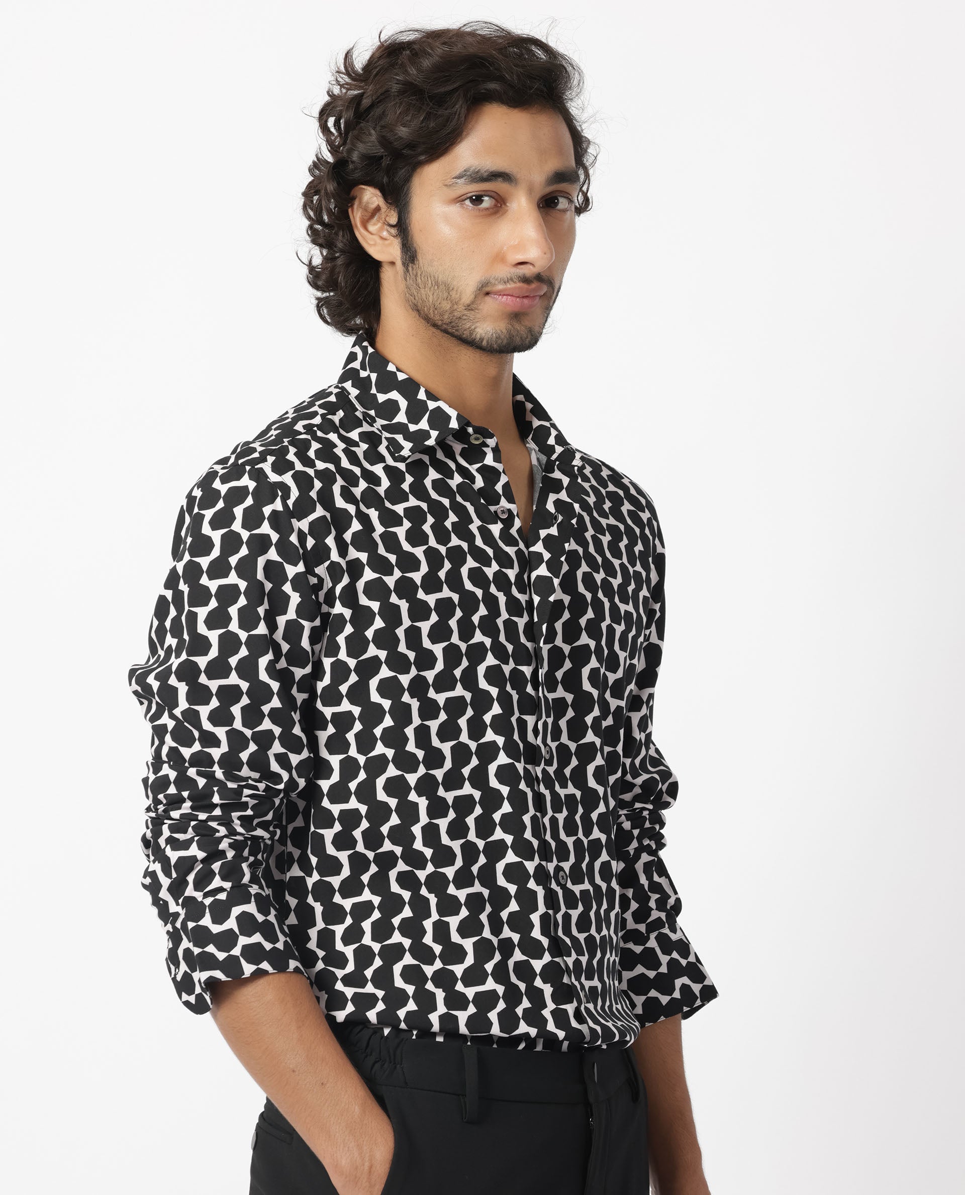 Rare Rabbit Men's Hexo Purple Viscose Fabric Geometric Print Full Sleeves Shirt